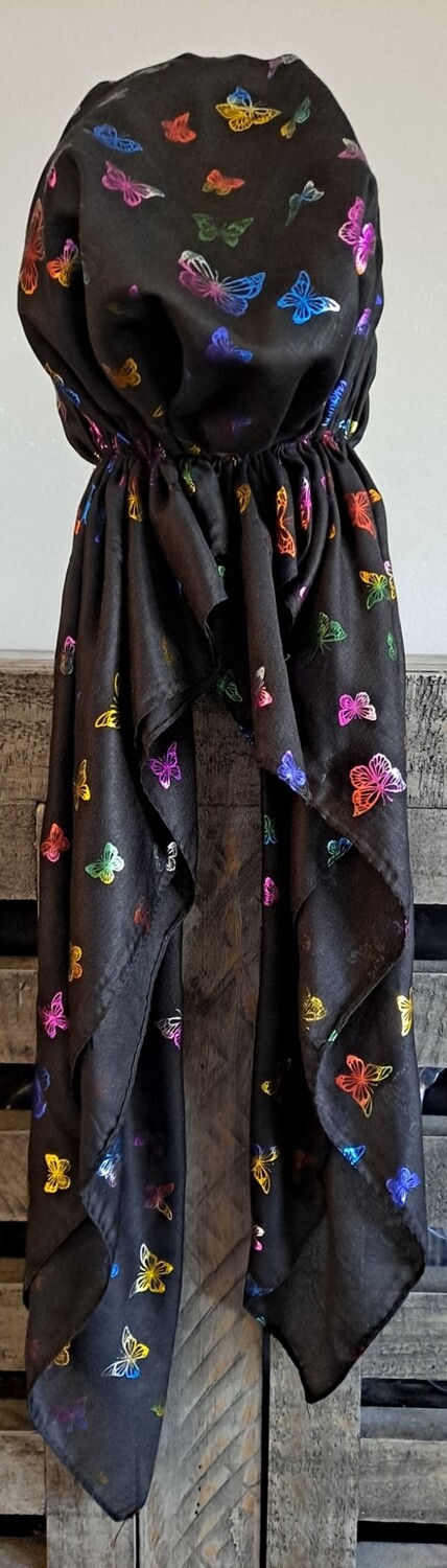 Black - colorful butterflies patterned pretied tichel