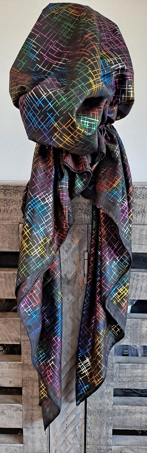 Black - colorful lines patterned pretied tichel w/band sewn in (BBS)