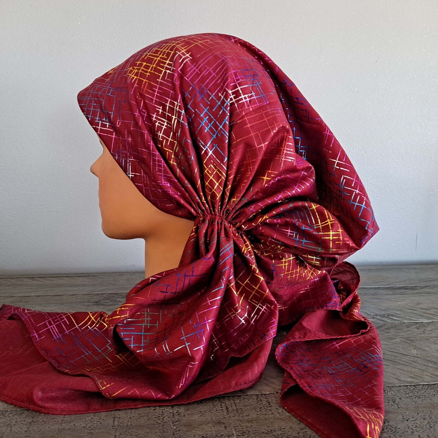 Cranberry - colorful lines patterned pretied tichel