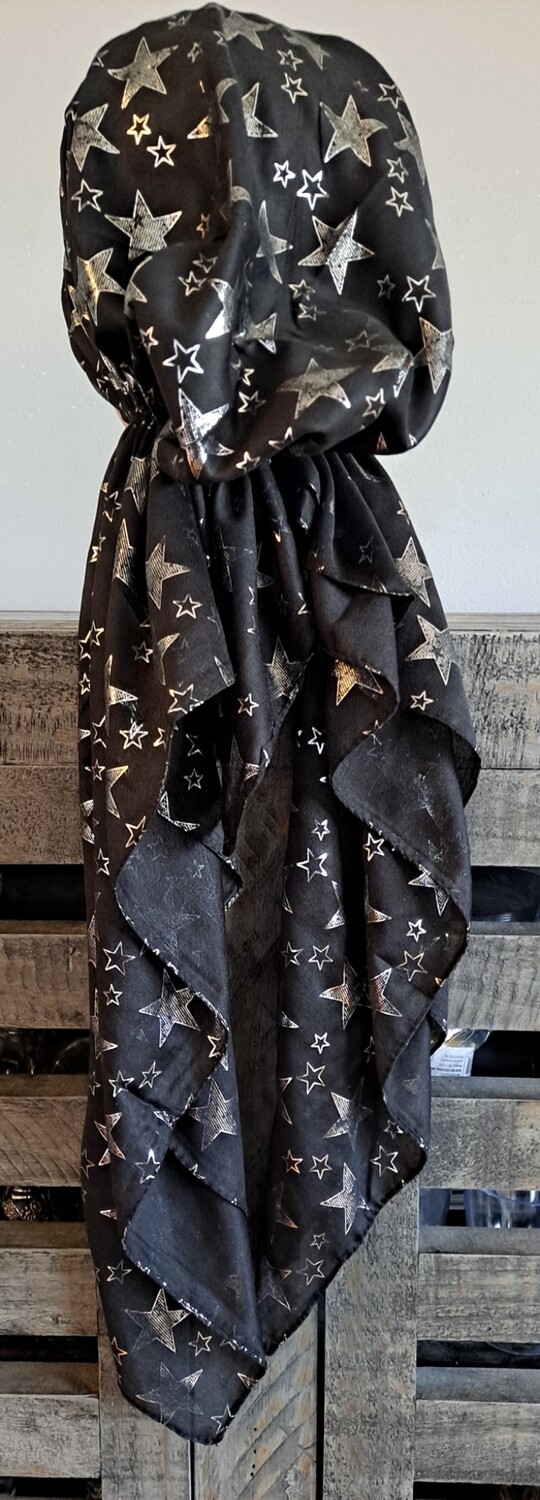 Black - silver stars pretied tichel w/band sewn in