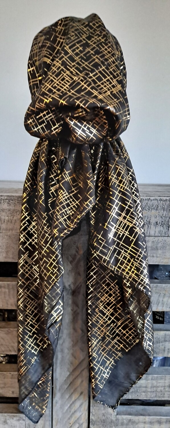 Black - gold lines patterned pretied tichel