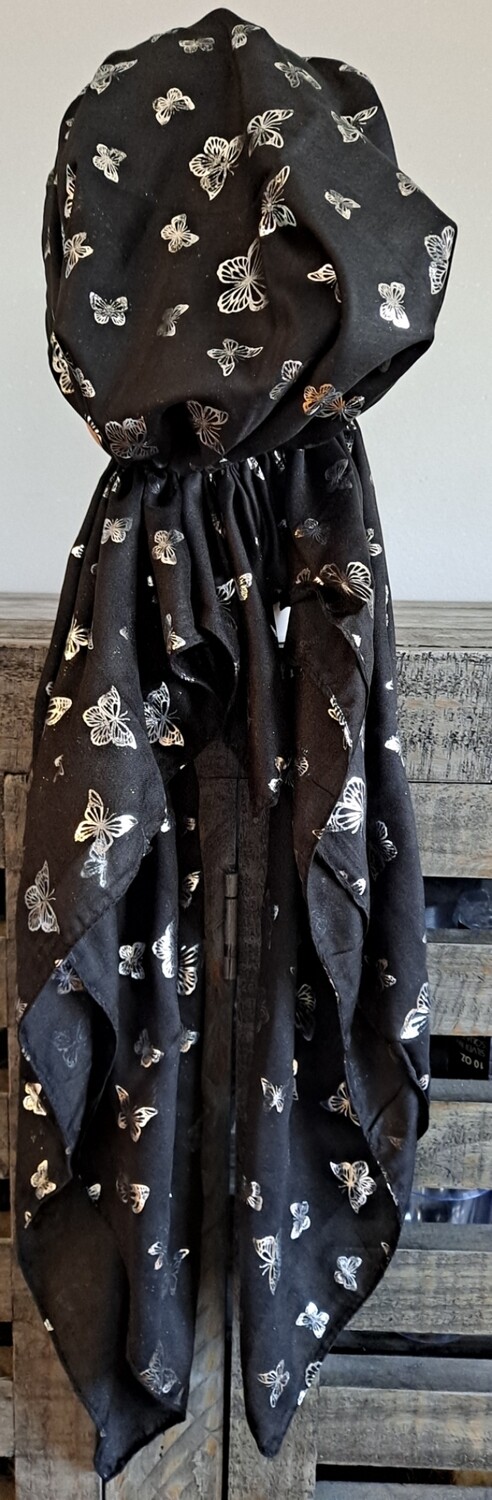 Black - silver butterflies patterned pretied tichel