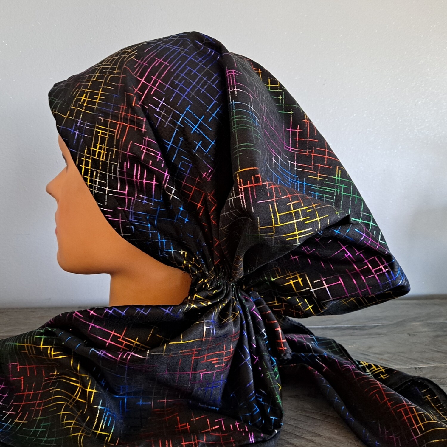 Black - colorful lines patterned pretied tichel w/band sewn in (BBS)