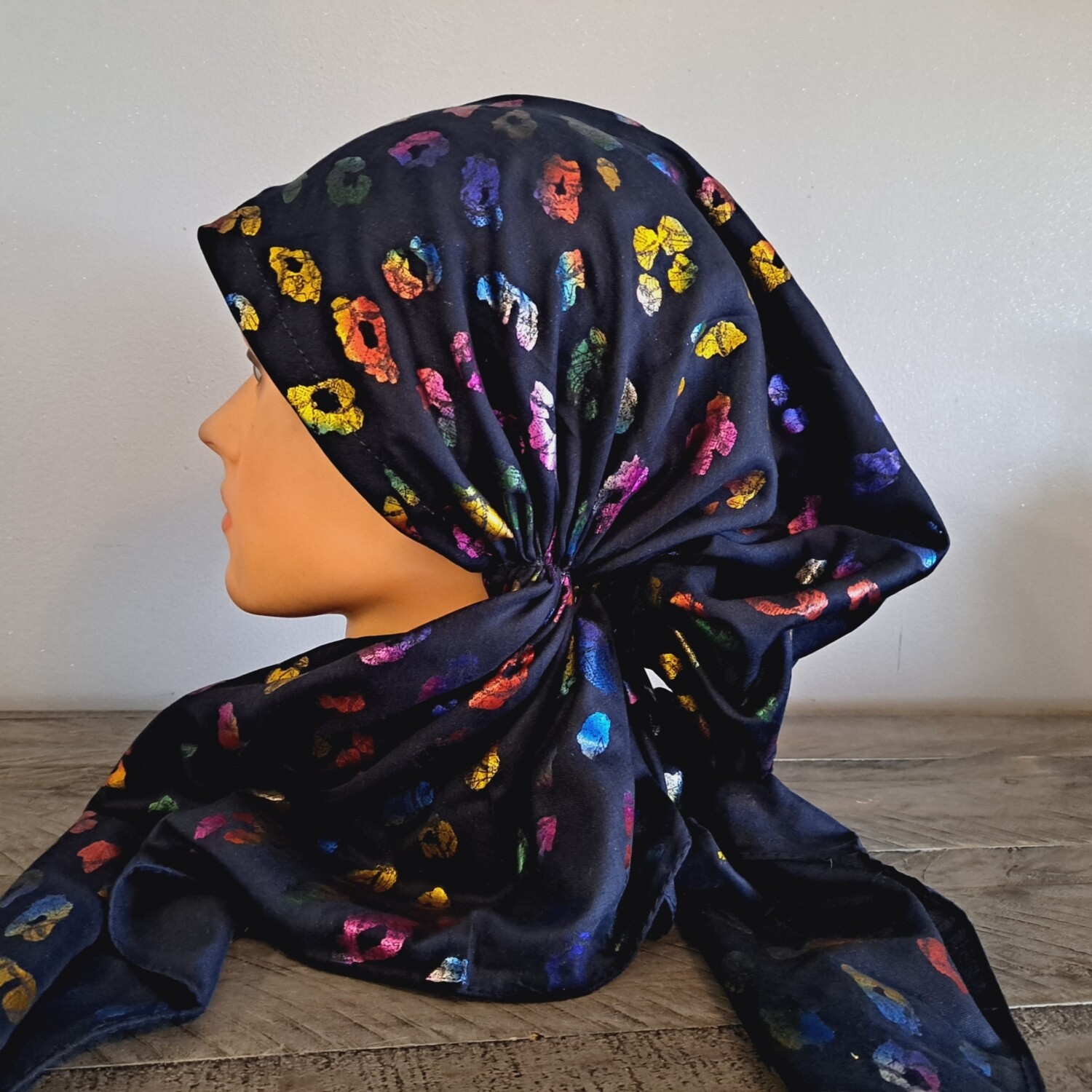Navy colorful - leopard print pre-tied tichel