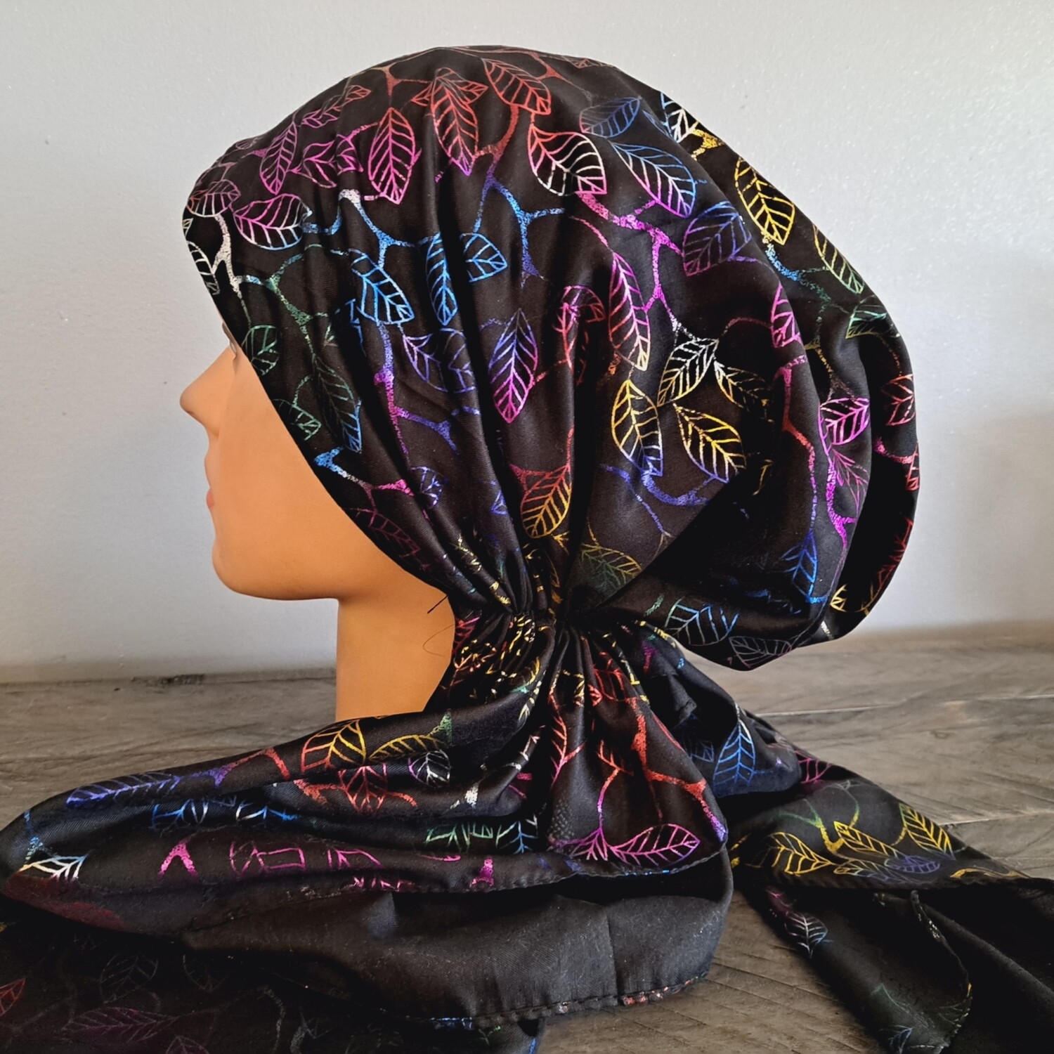 Black/colorful leaves pattern pre-tied tichel