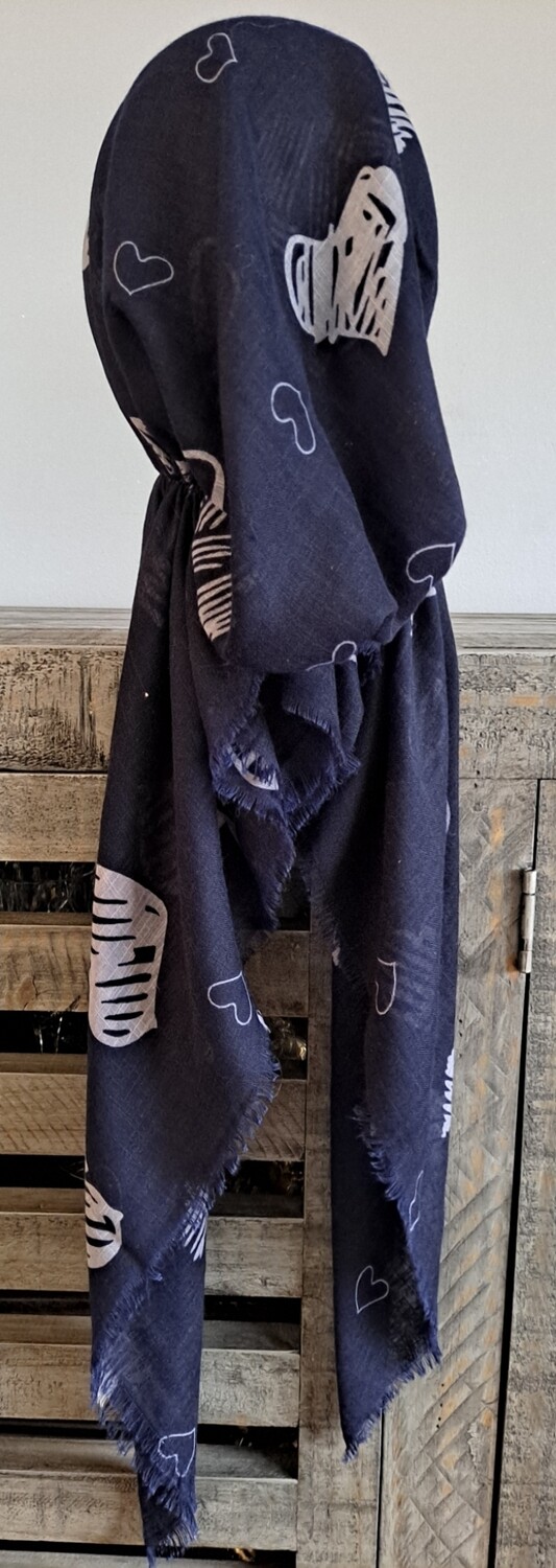 Navy - off white hearts soft fringes pretied tichel
