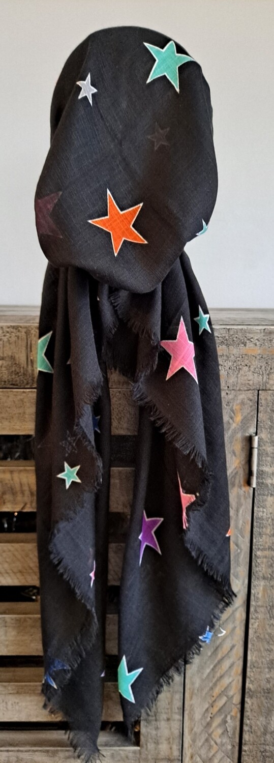 Black - colorful w/orange stars soft fringes pretied tichel