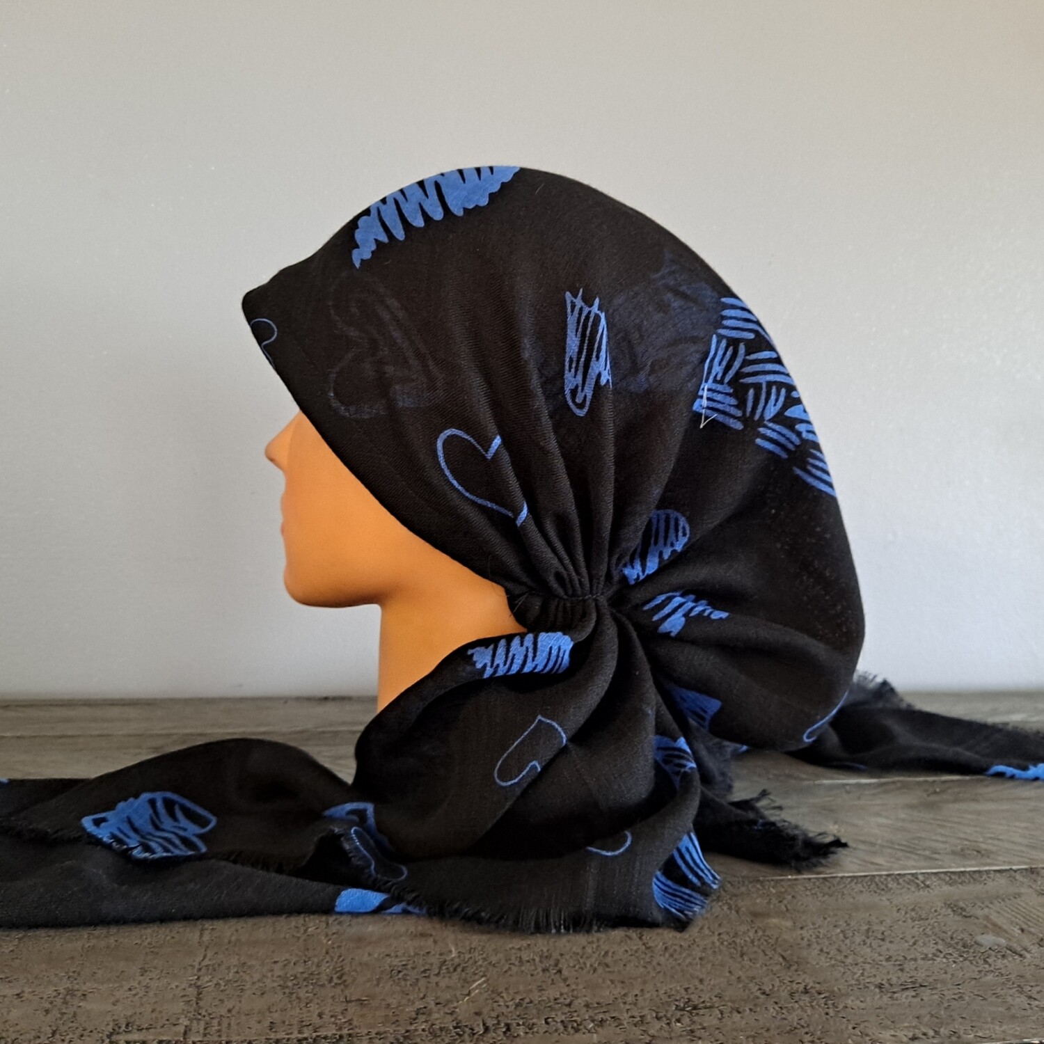 Black - blue hearts soft fringes pretied tichel