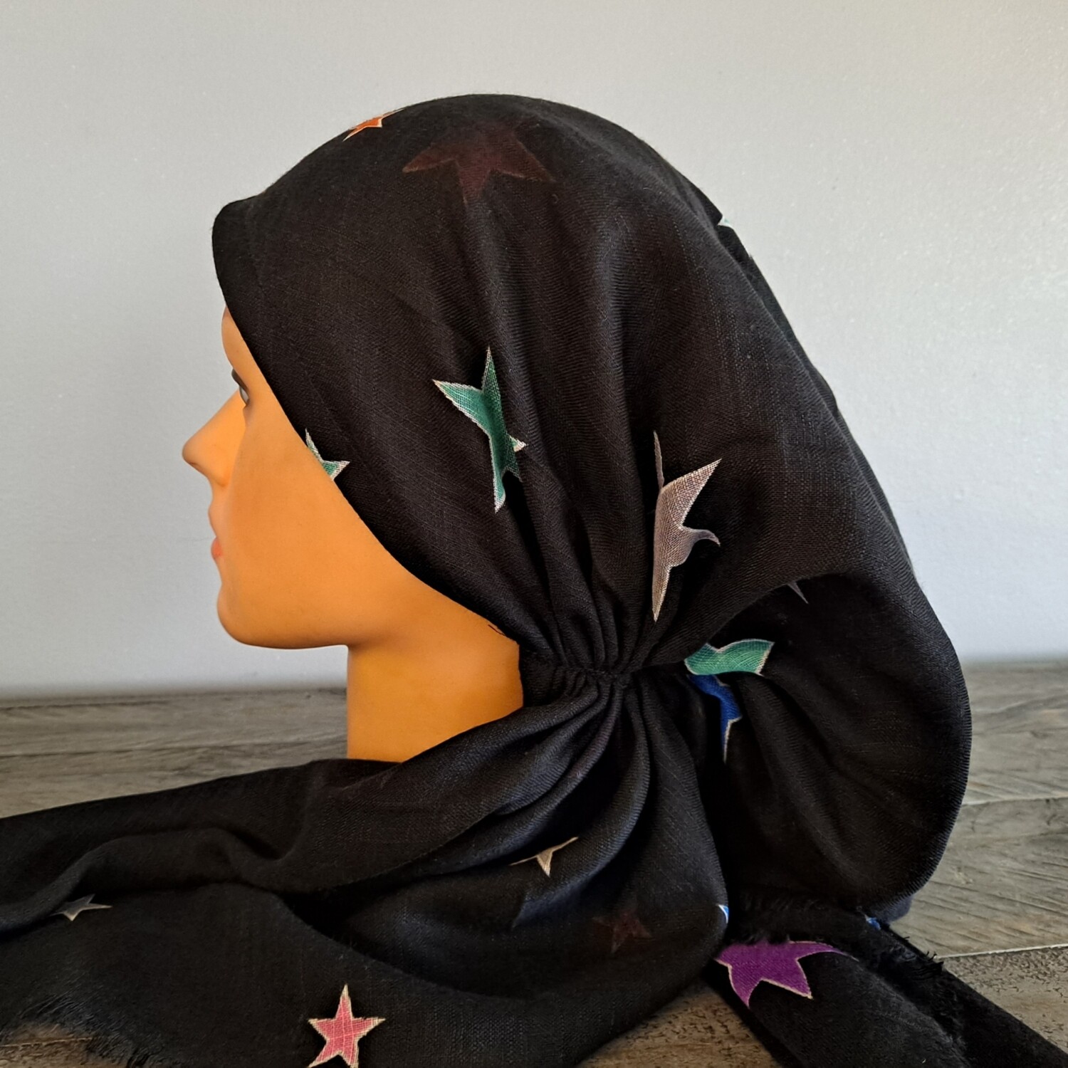 Black - colorful w/green stars soft fringes pretied tichel