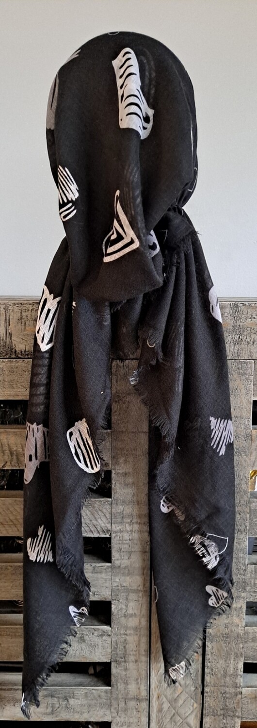 Black - white hearts soft fringes pretied tichel