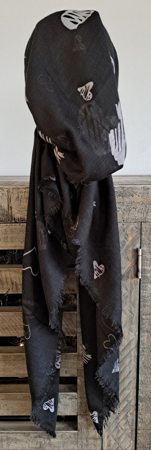 Black - light gray hearts soft fringes pretied tichel