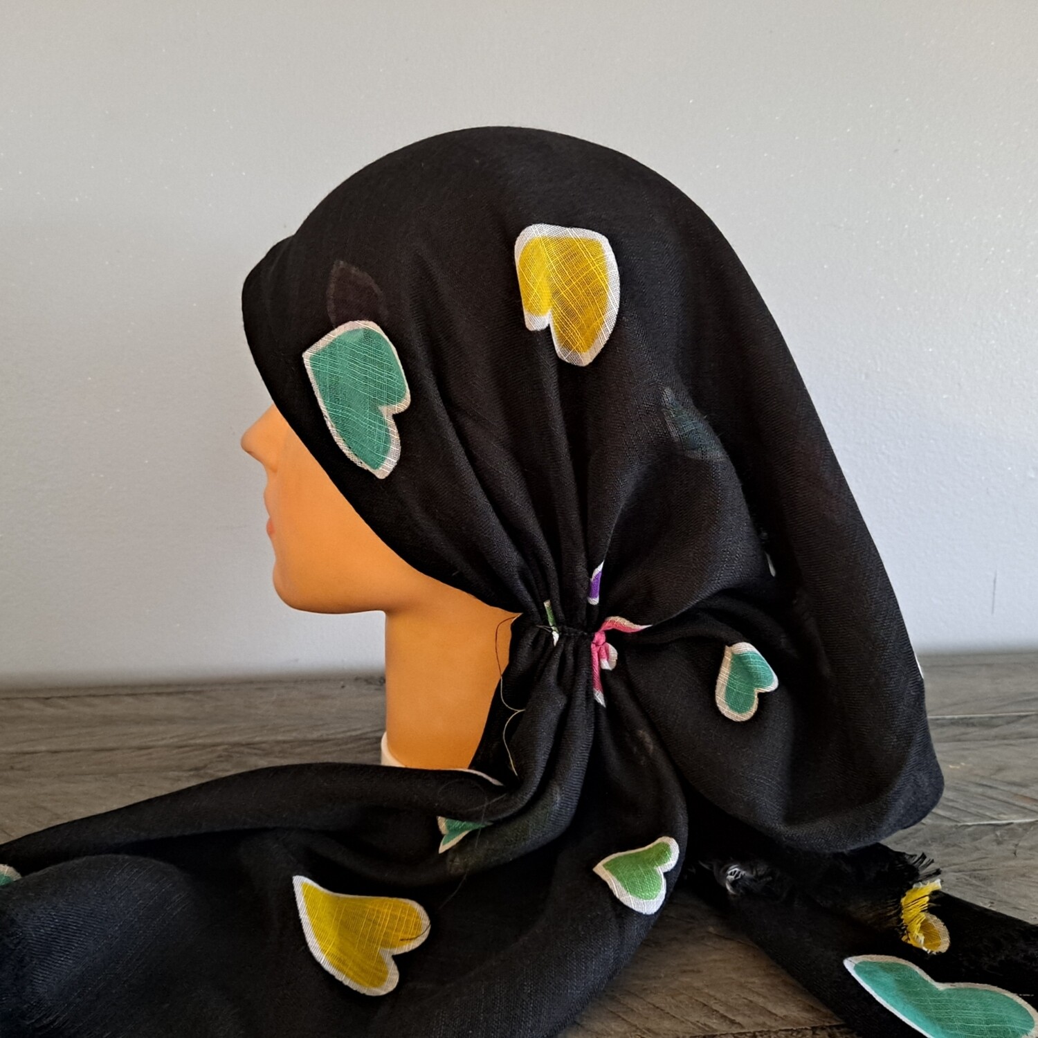 Black - colorful hearts soft fringes pretied tichel
