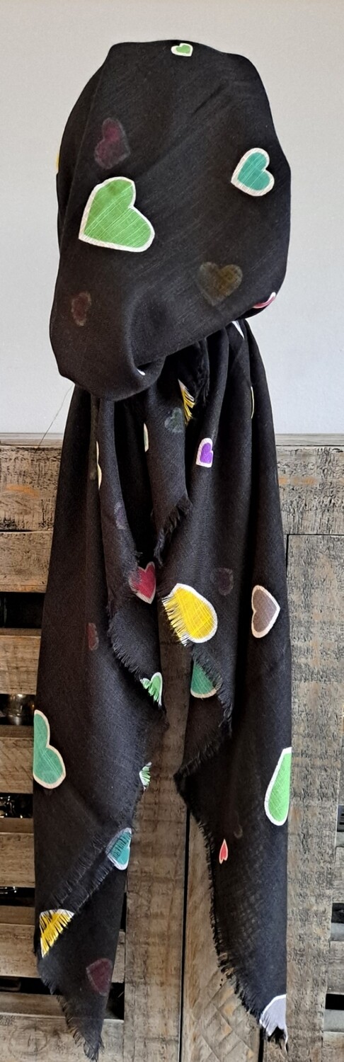 Black - colorful hearts soft fringes pretied tichel