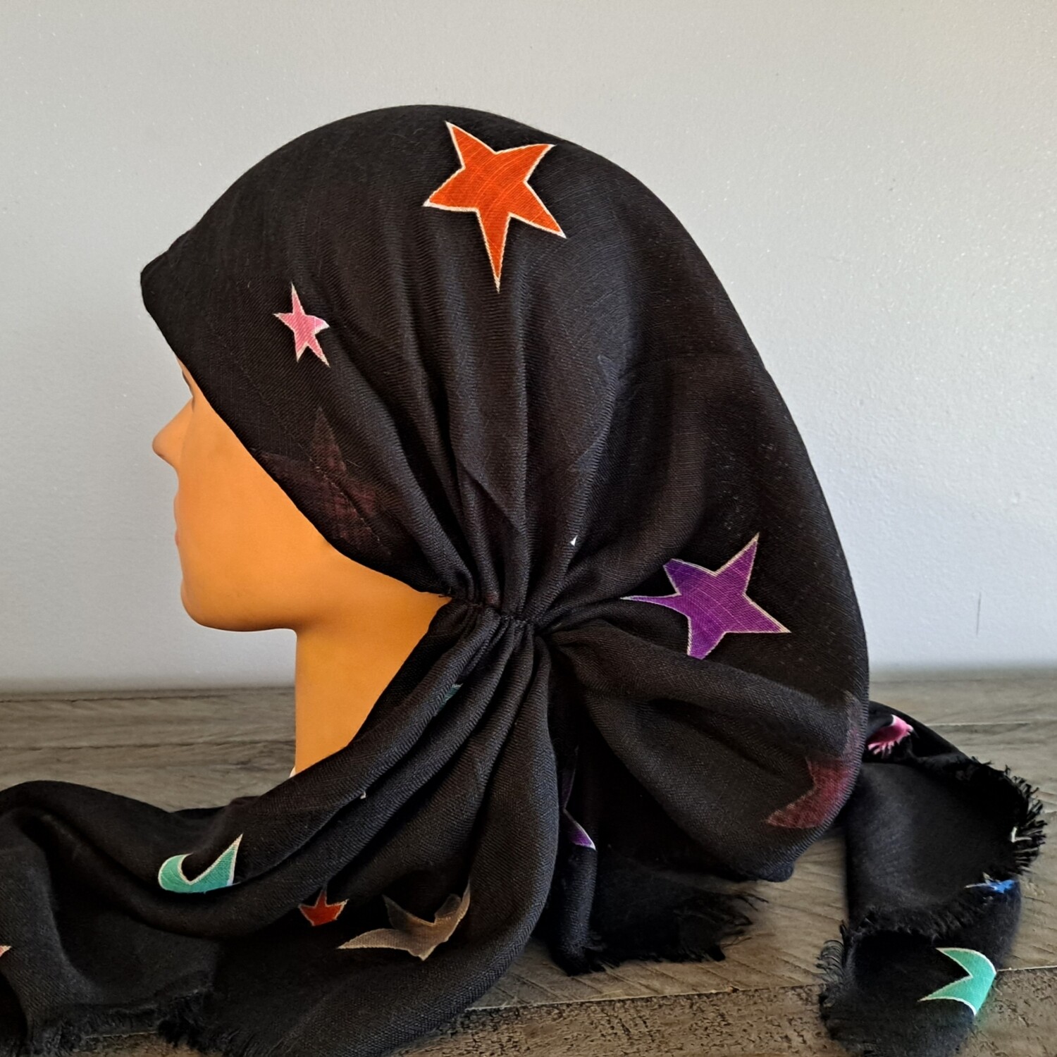Black - colorful w/orange stars soft fringes pretied tichel