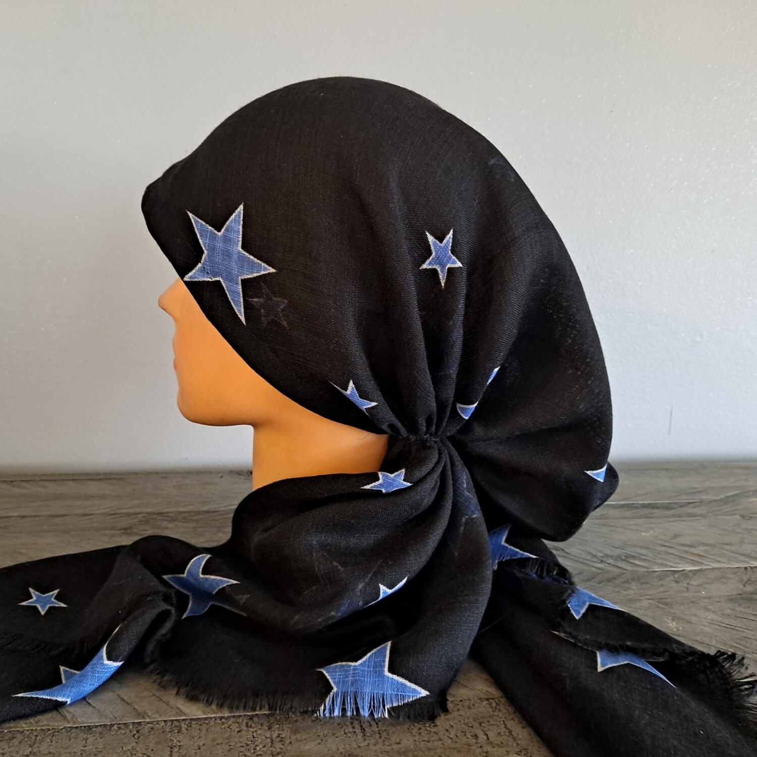 Black - blue stars soft fringes pretied tichel