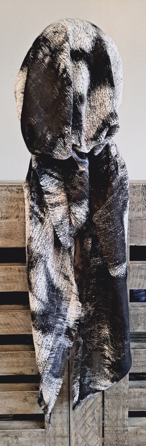 Black/white tie dyed - soft fringes pretied tichel w/band sewn in