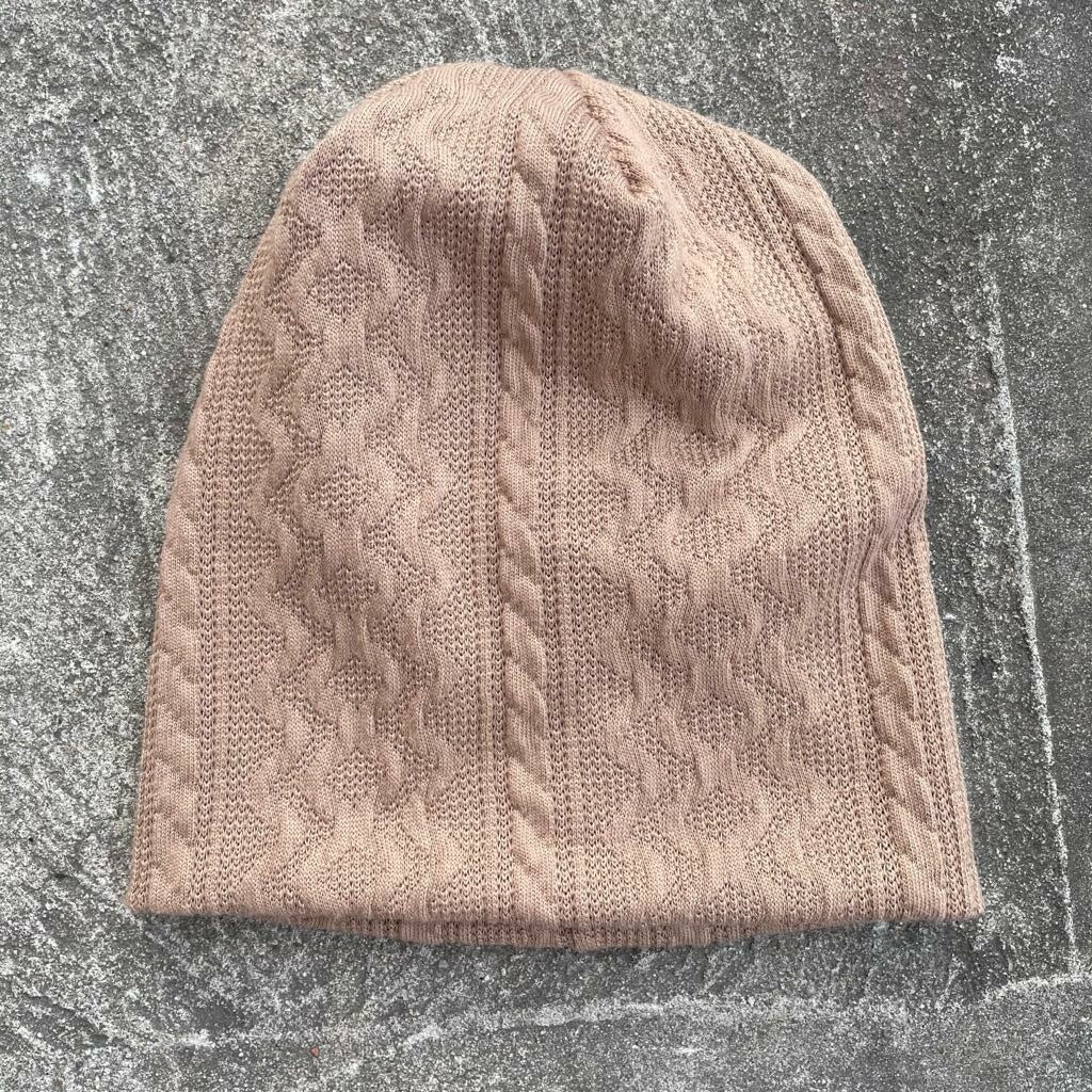 Light brown cable knit beanie