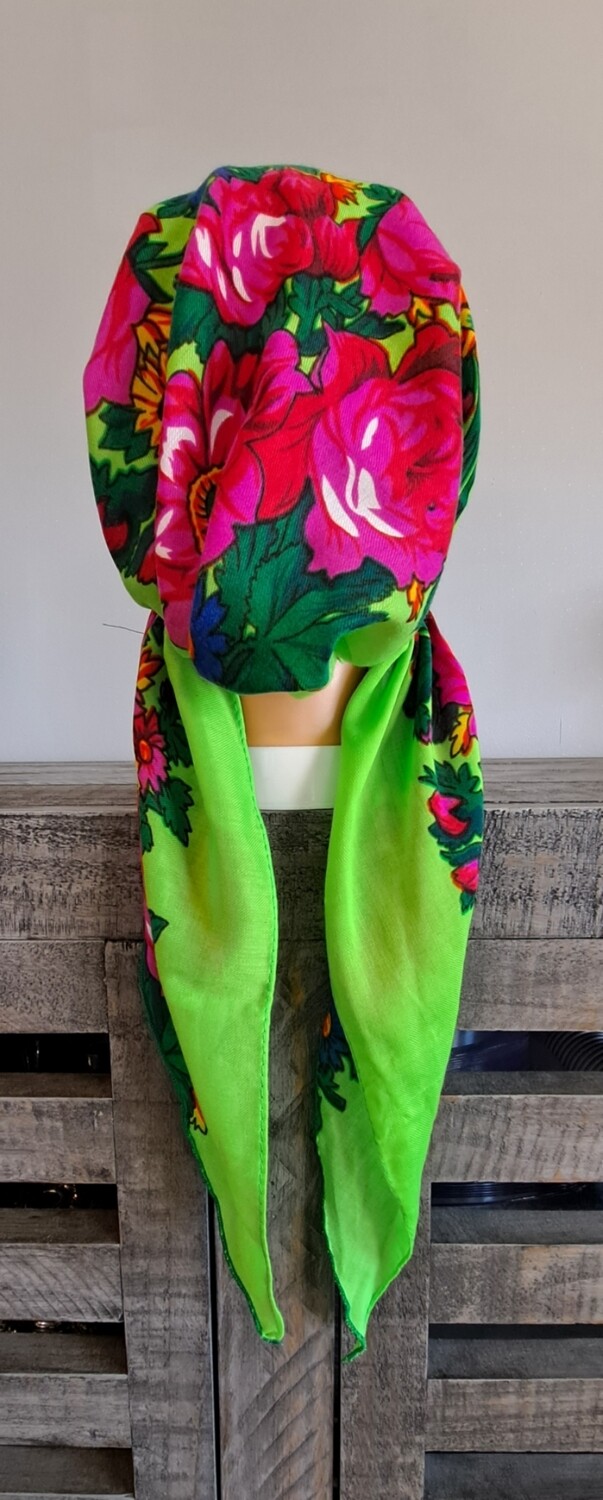 Pre tied tichel vintage neon green w/band sewn in