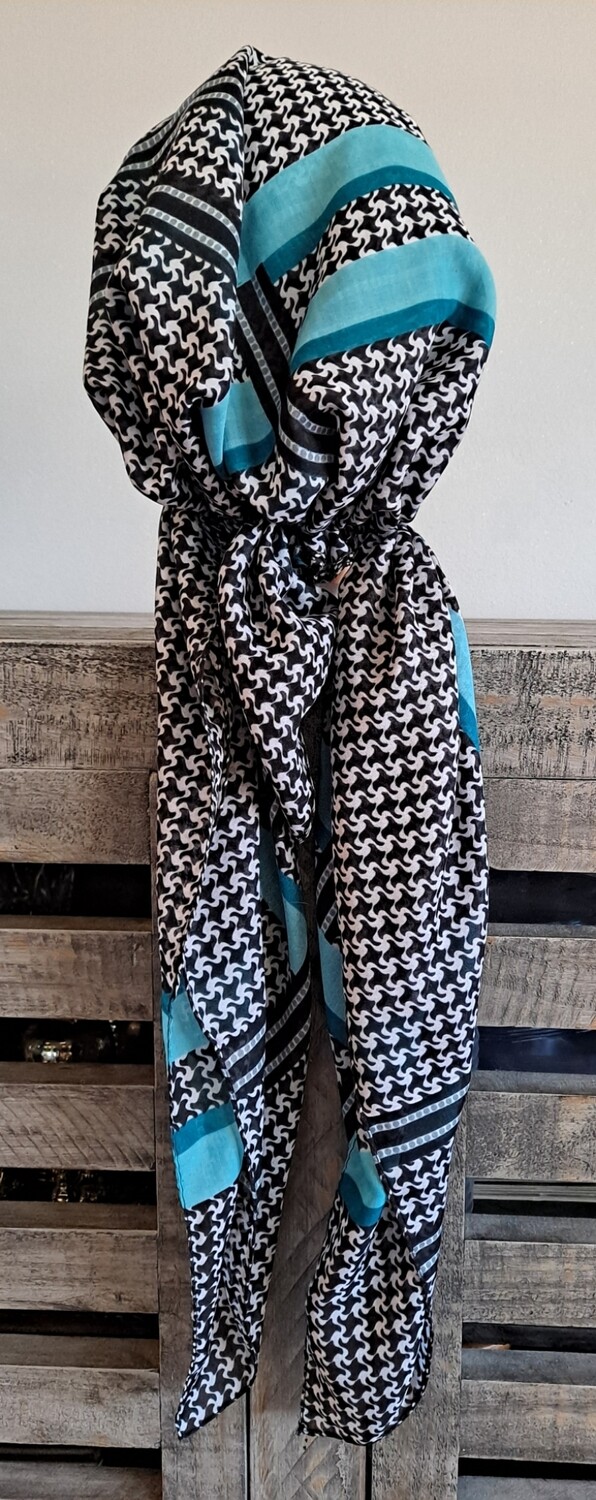 Patterned pretied Turkish Tichel sea green w/band sewn in