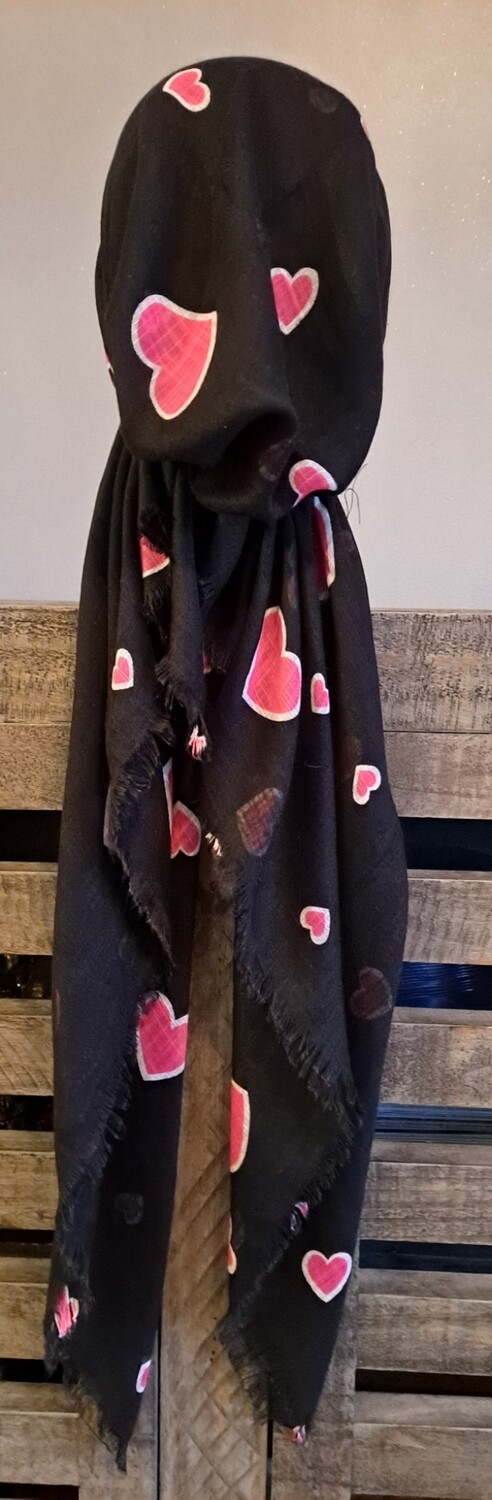 Black - pink hearts soft fringes pretied tichel