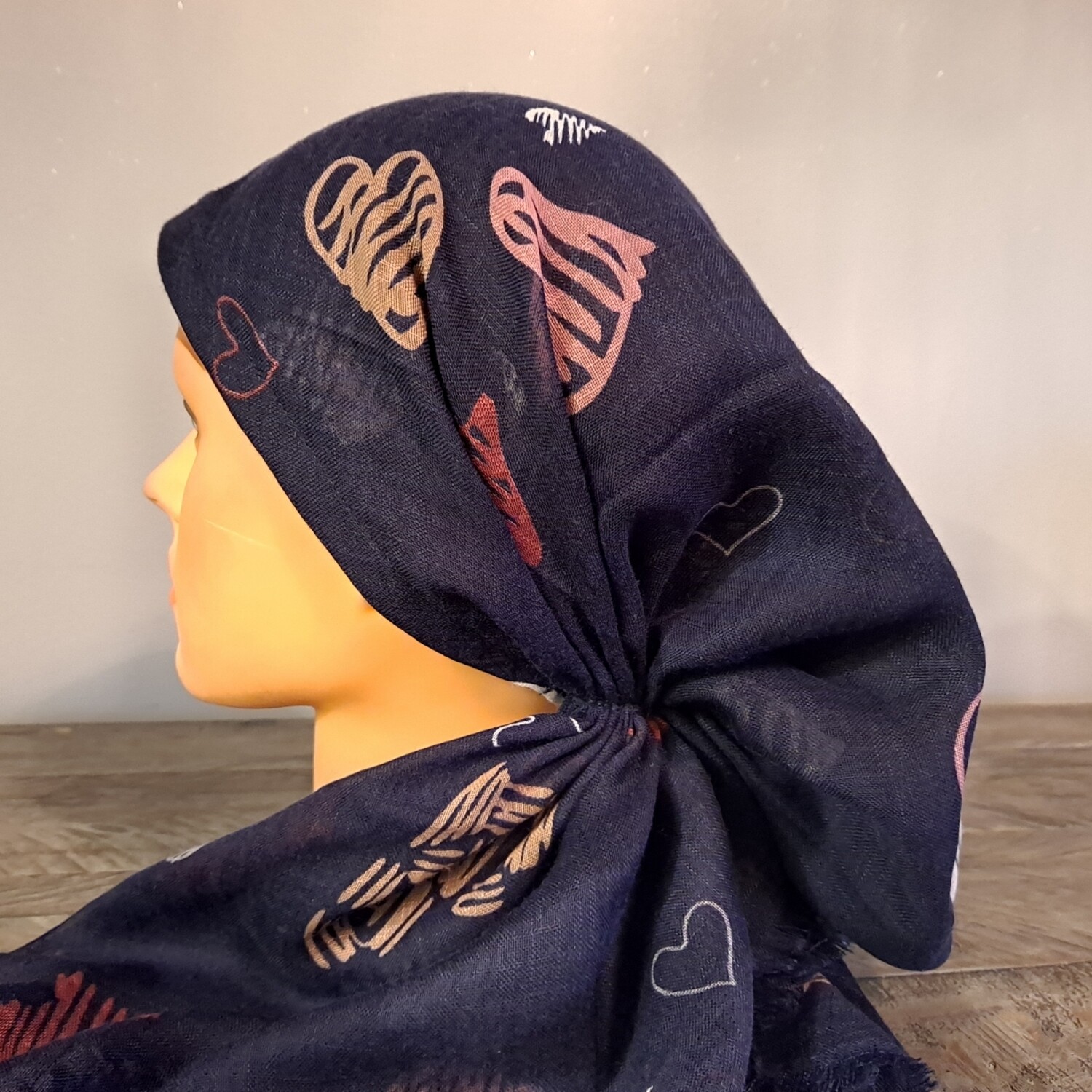 Navy - multi colored hearts soft fringes pretied tichel