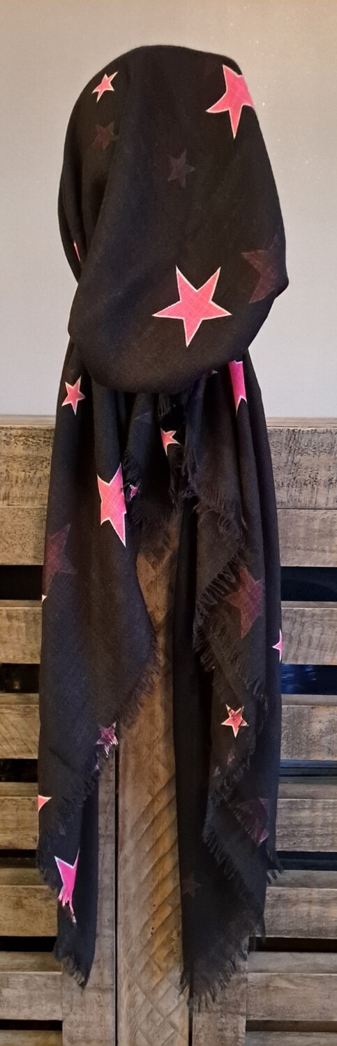 Black - pink stars soft fringes pretied tichel