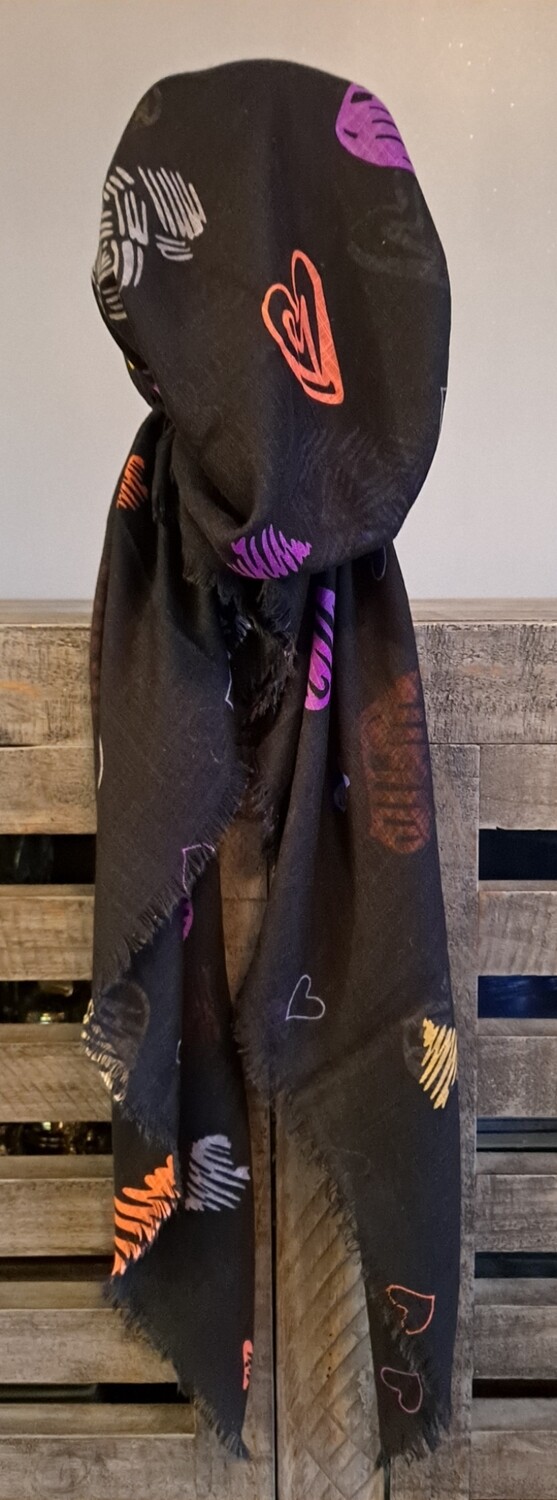 Black - multicolored hearts soft fringes pretied tichel