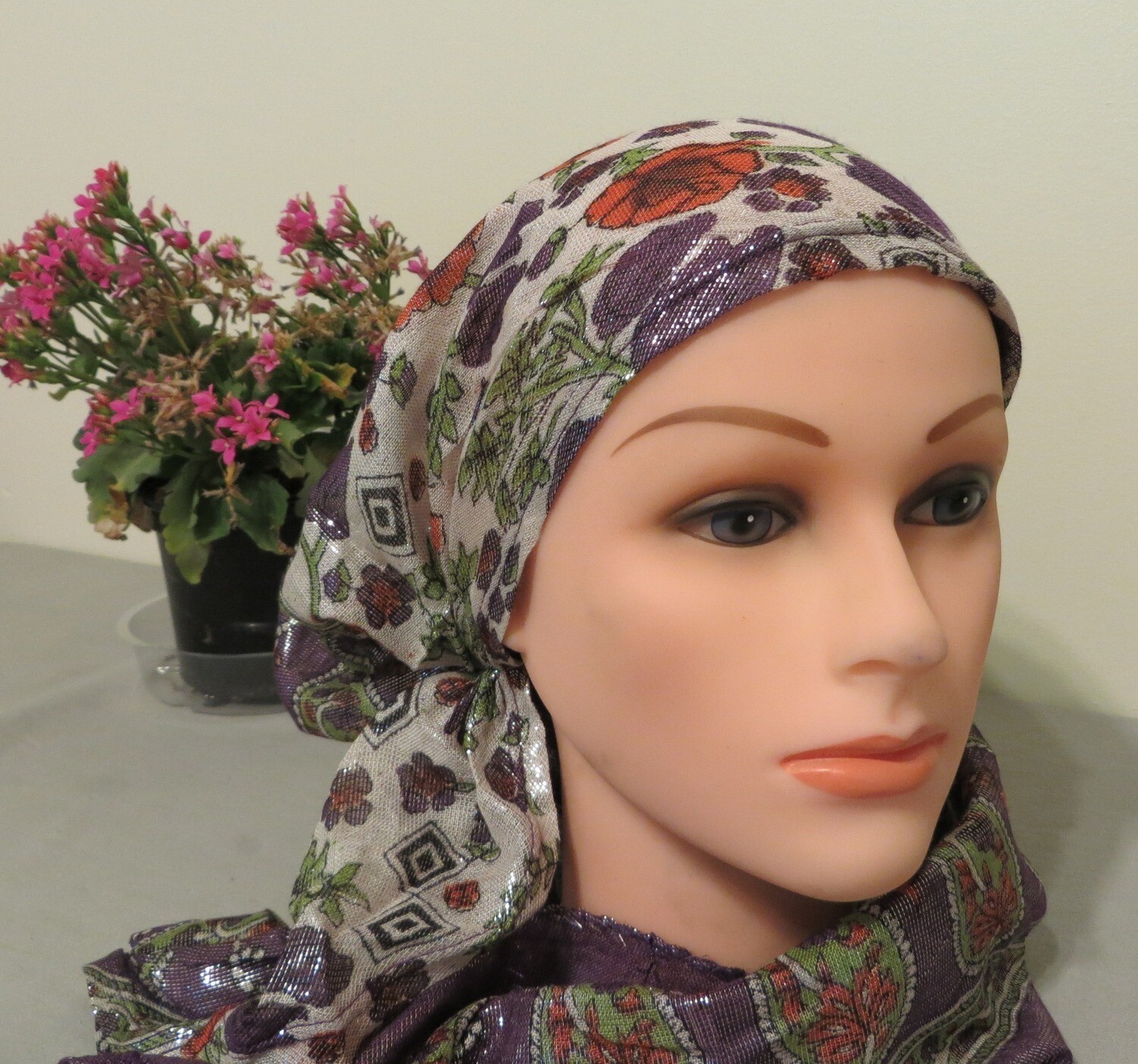 Shimmering pre tied tichel purple