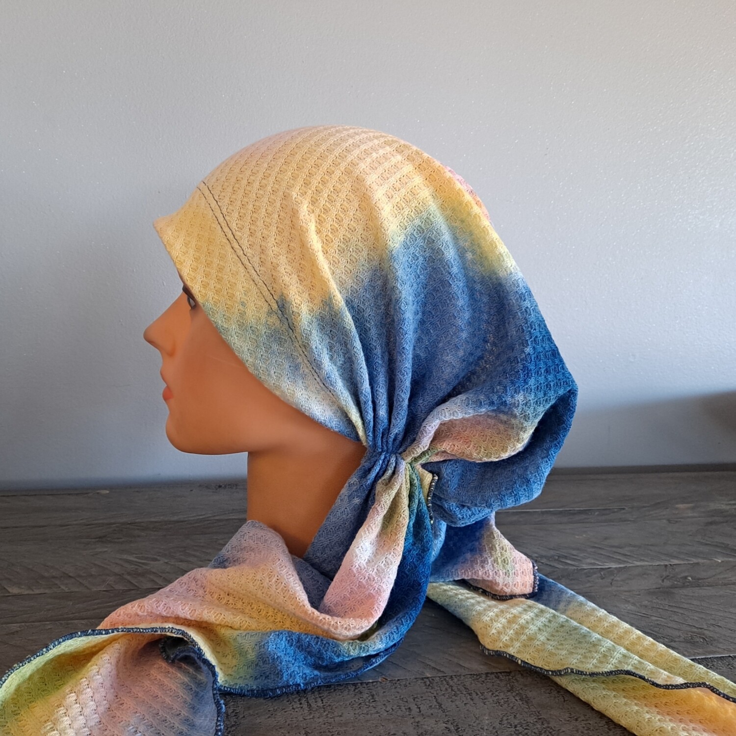 Multi colored pastel with blue -  waffled pretied tichel w/band sewn in