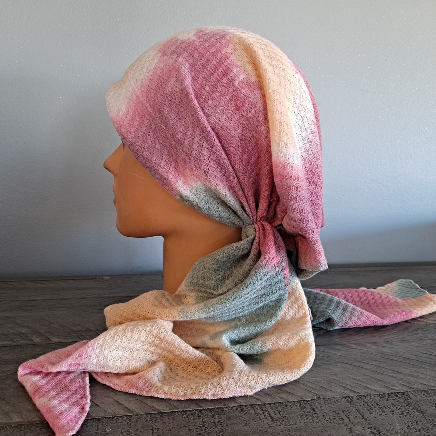 Multi colored pastel with raspberry -  waffled pretied tichel w/band sewn in