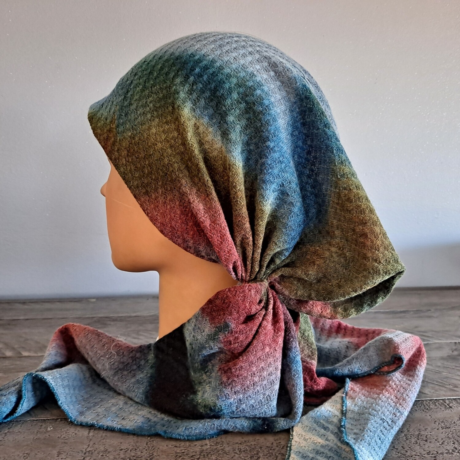 Multi colored with blue -  waffled pretied tichel w/band sewn in