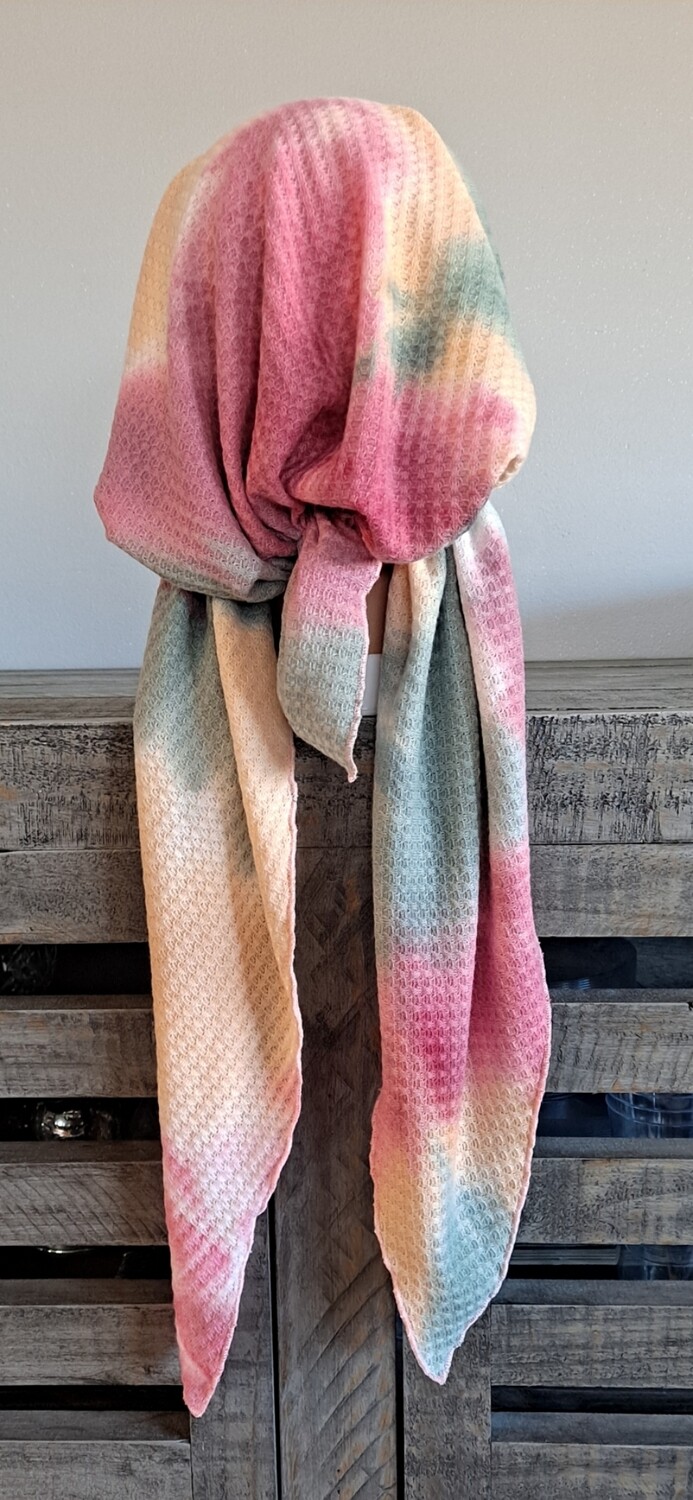 Multi colored pastel with raspberry -  waffled pretied tichel w/band sewn in