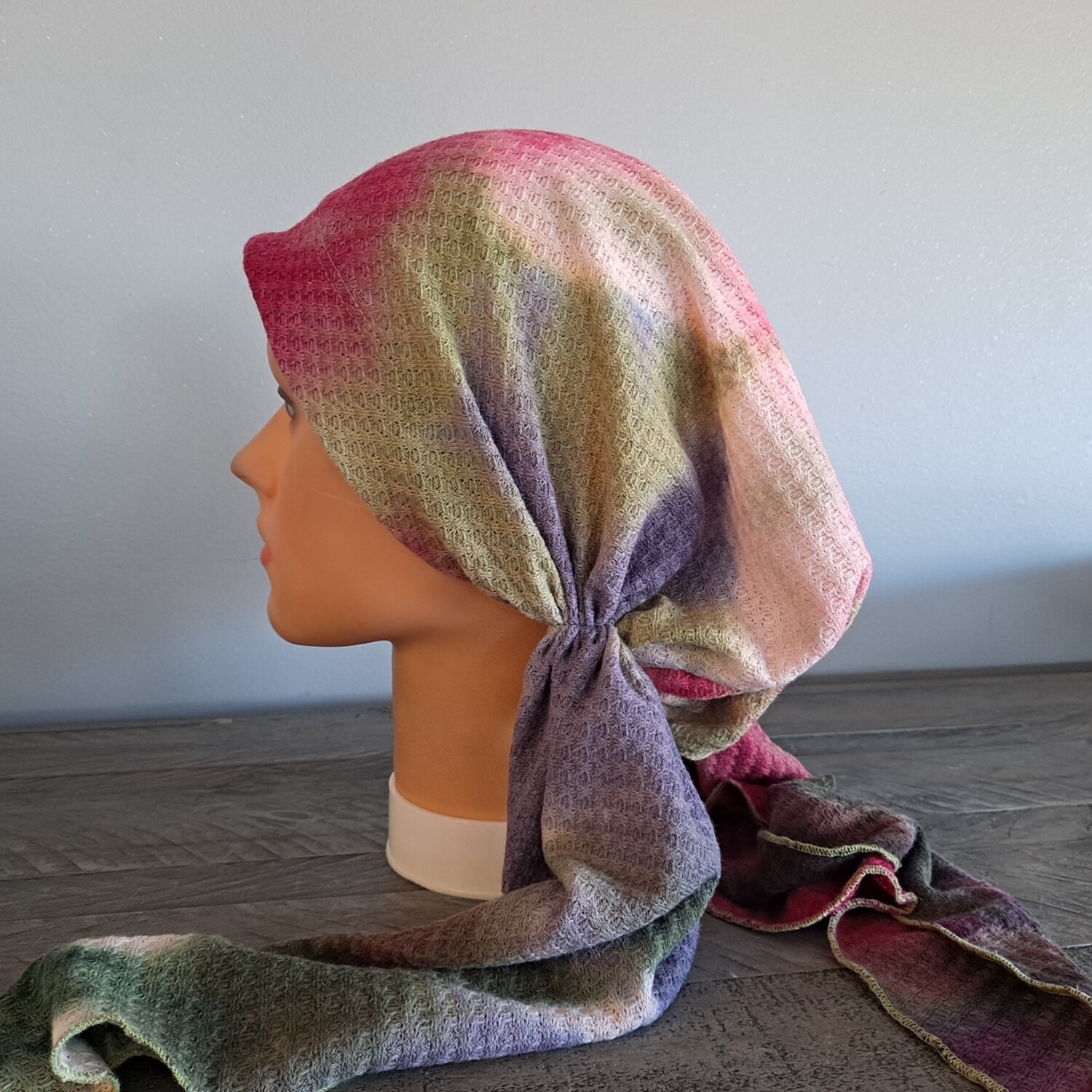 Multi colored with green -  waffled pretied tichel w/band sewn in