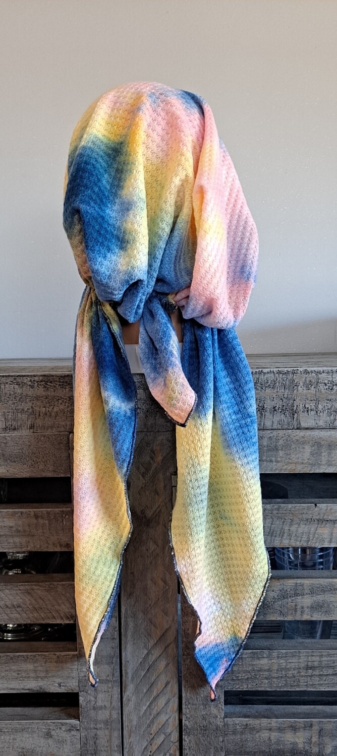 Multi colored pastel with blue -  waffled pretied tichel w/band sewn in