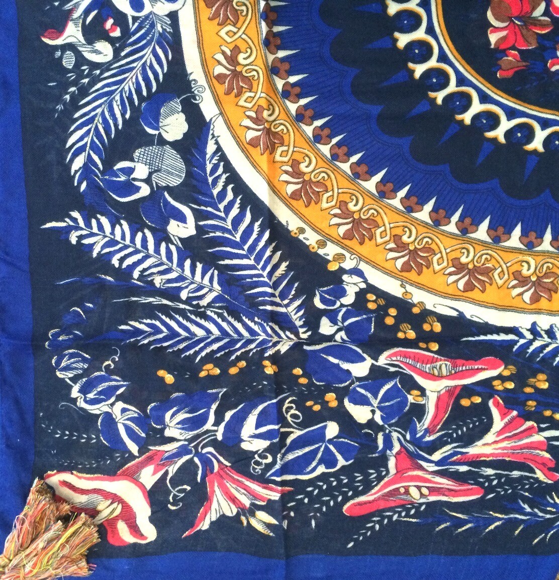 Royal blue soft tichel with floral pattern