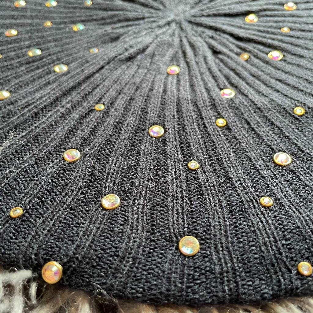 Black ribbed iridescent studded beret/snood