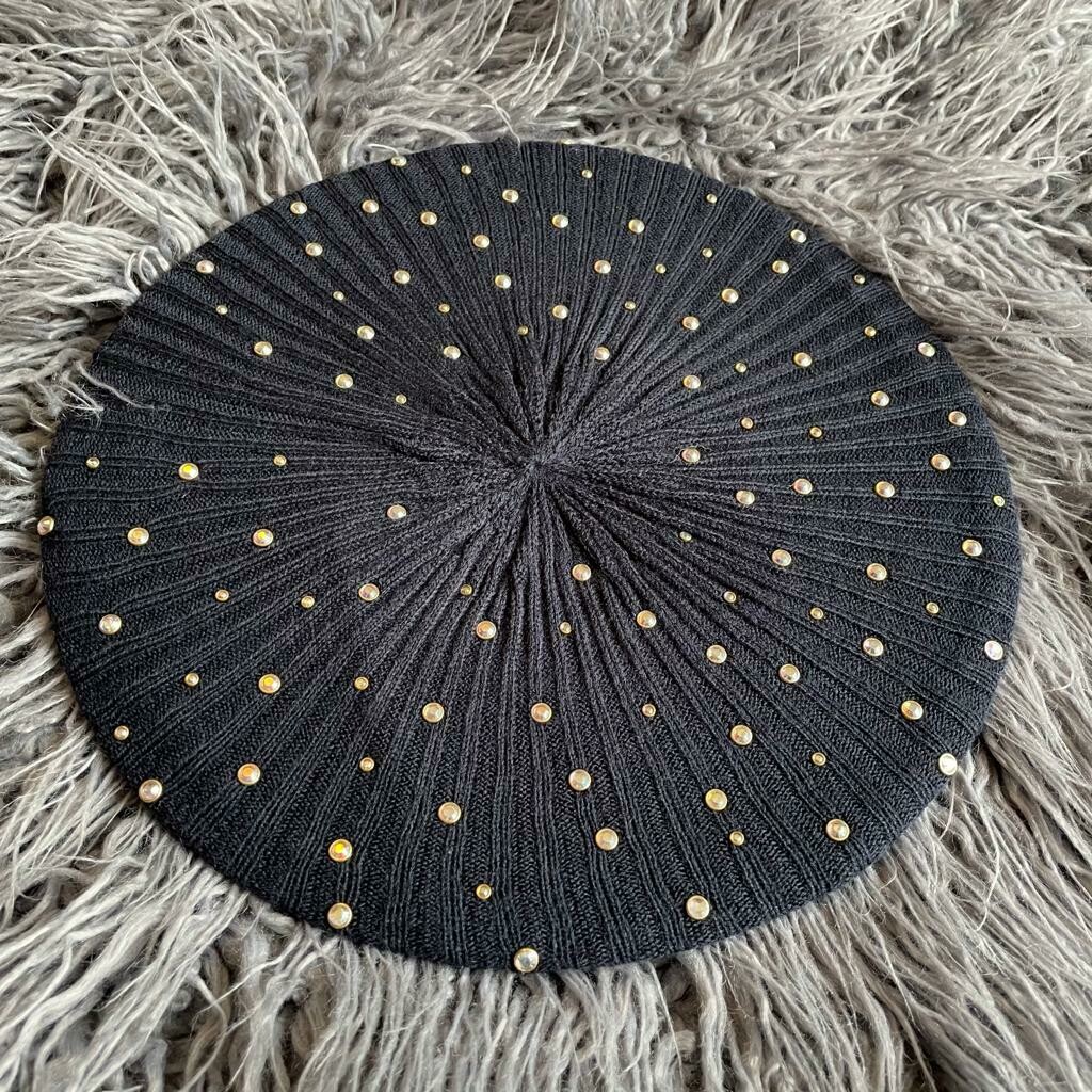 Navy ribbed iridescent studded beret/snood
