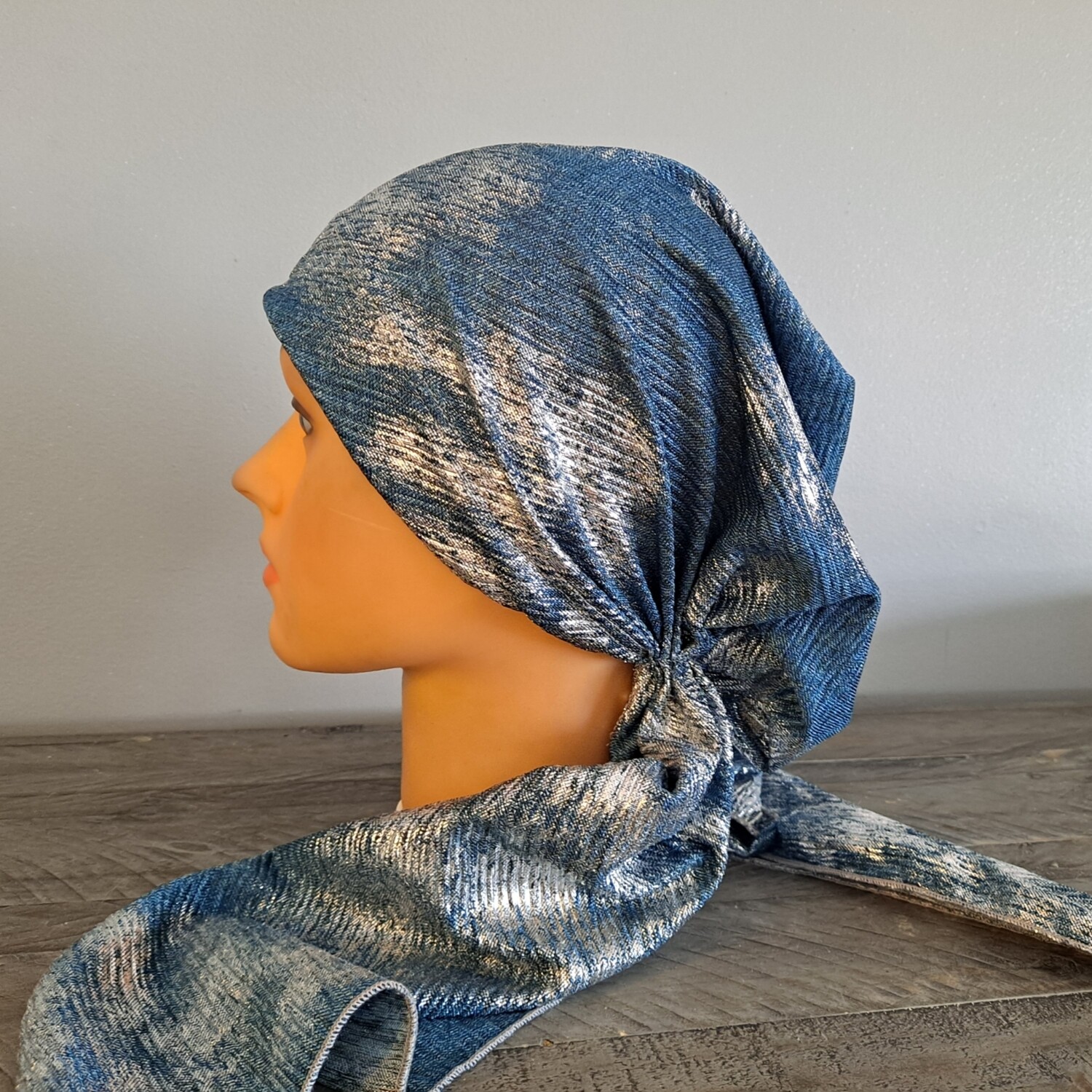 Denim and silver metallic pretied tichel