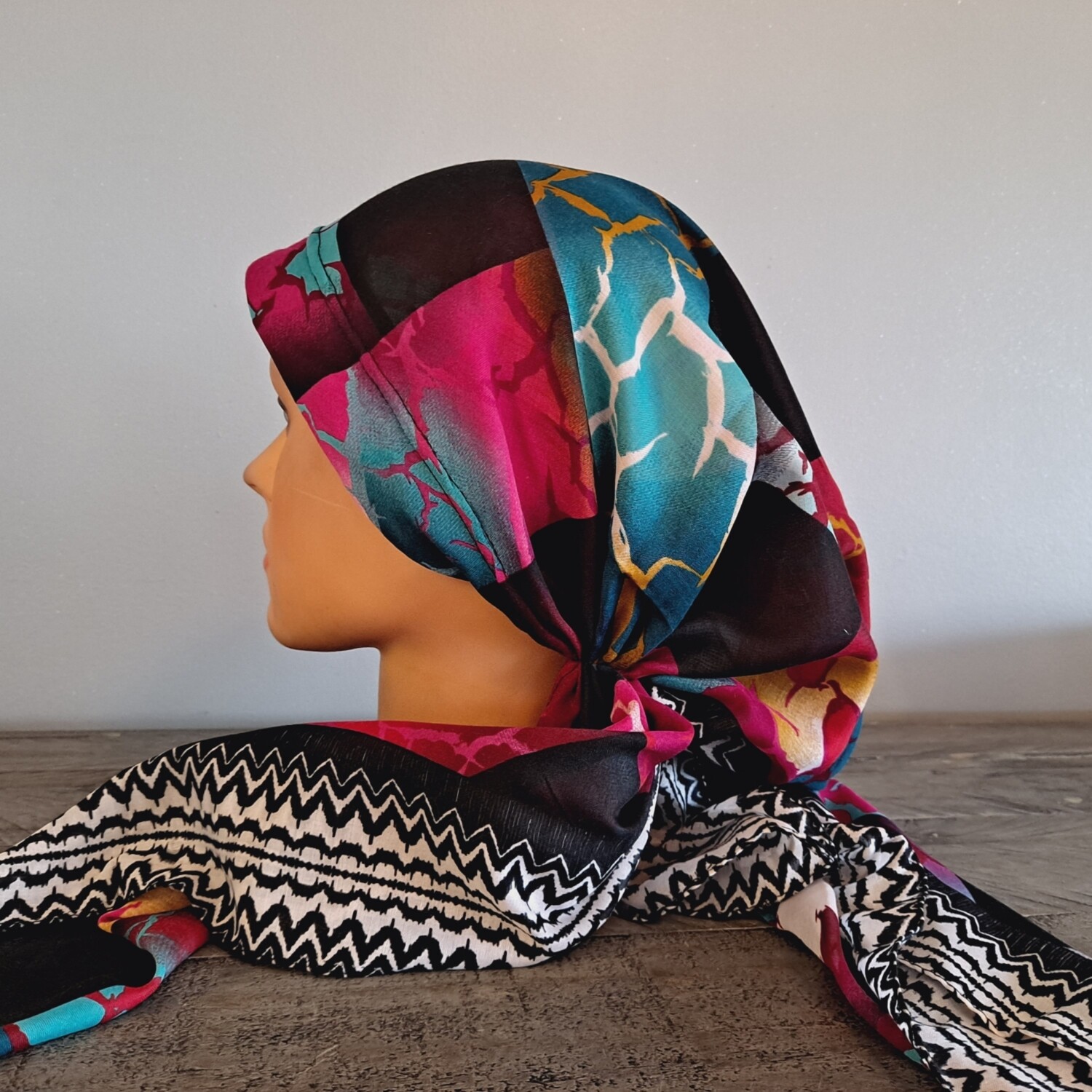 Black w/colorful squares pre-tied  w/band sewn in