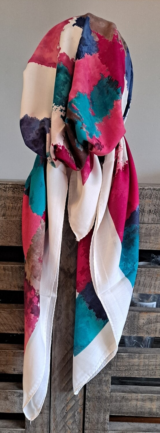 Off white w/colorful squares pre-tied  w/band sewn in