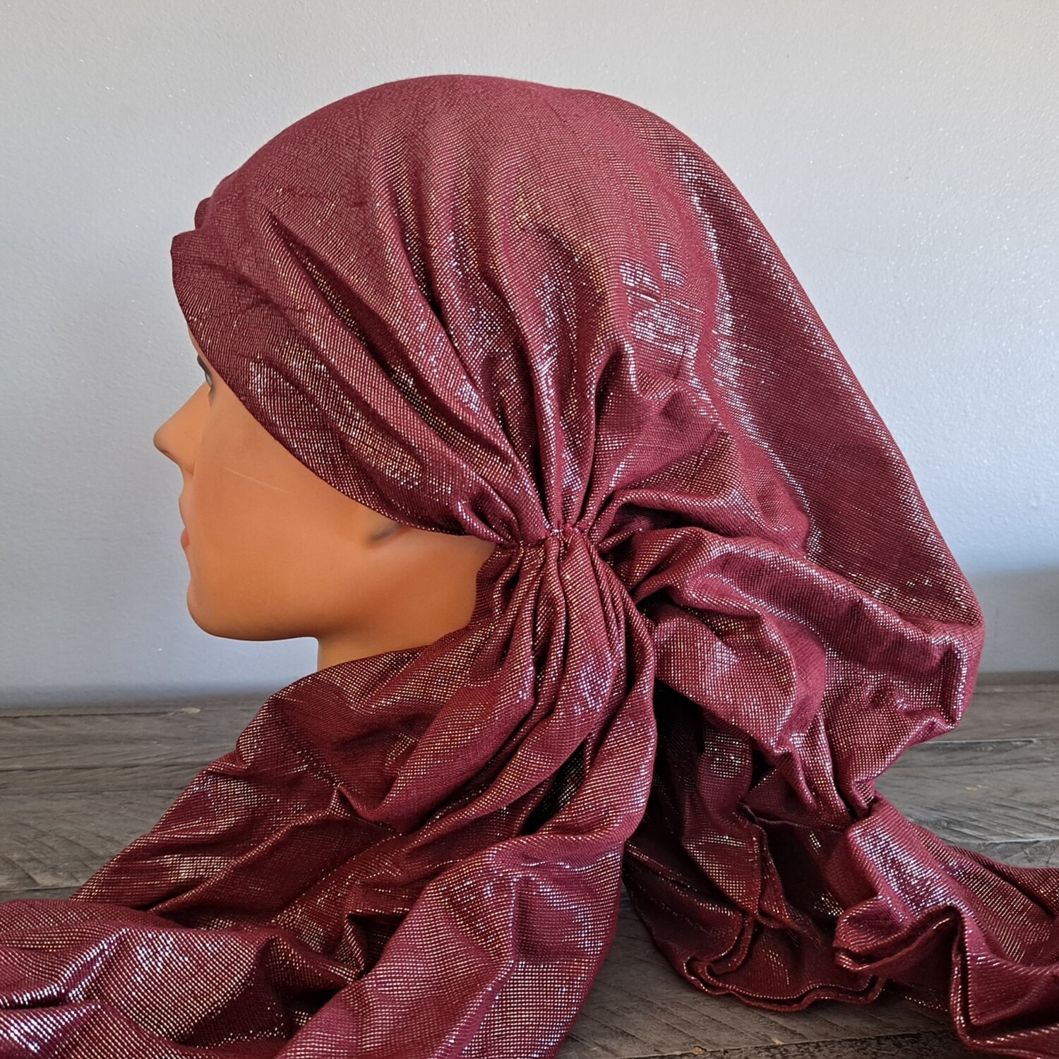 Maroon solid shimmer pretied tichel (double layer)