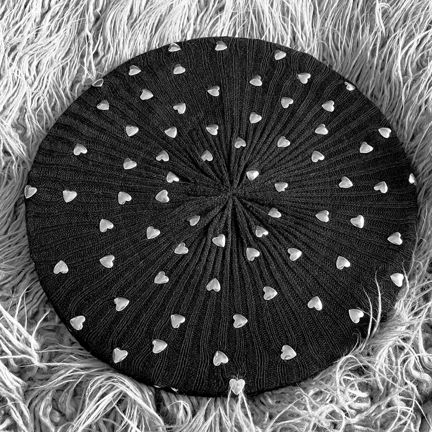 Lined knit beret/snood - silver hearts