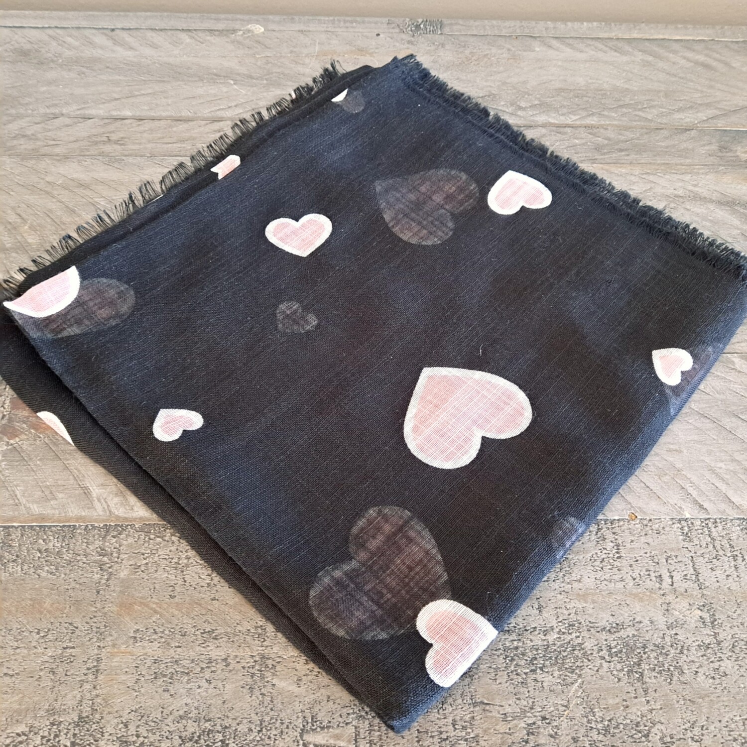 Black - light pink hearts - soft fringes tichel