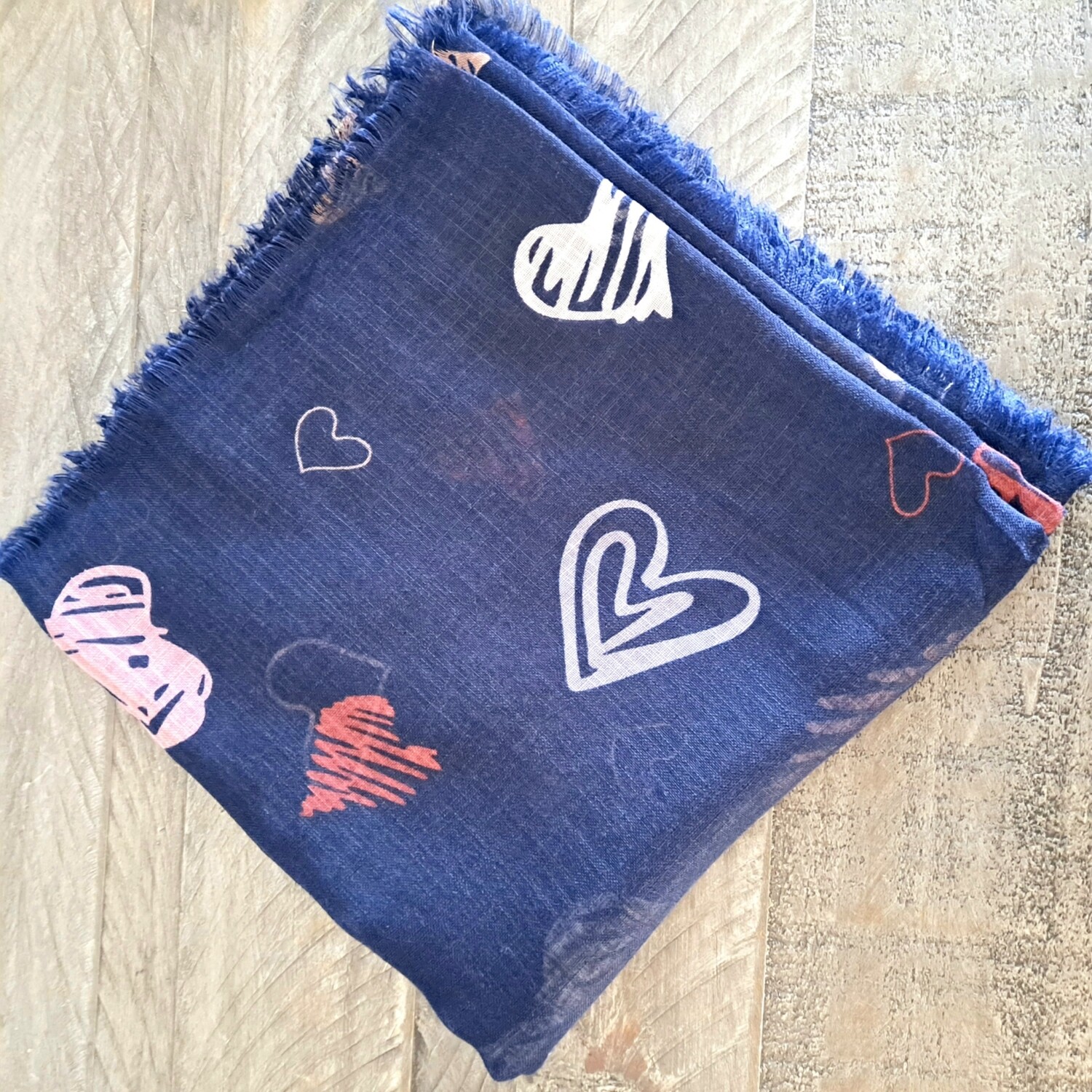 Navy/multicolored w/maroon  hearts - soft fringes tichel