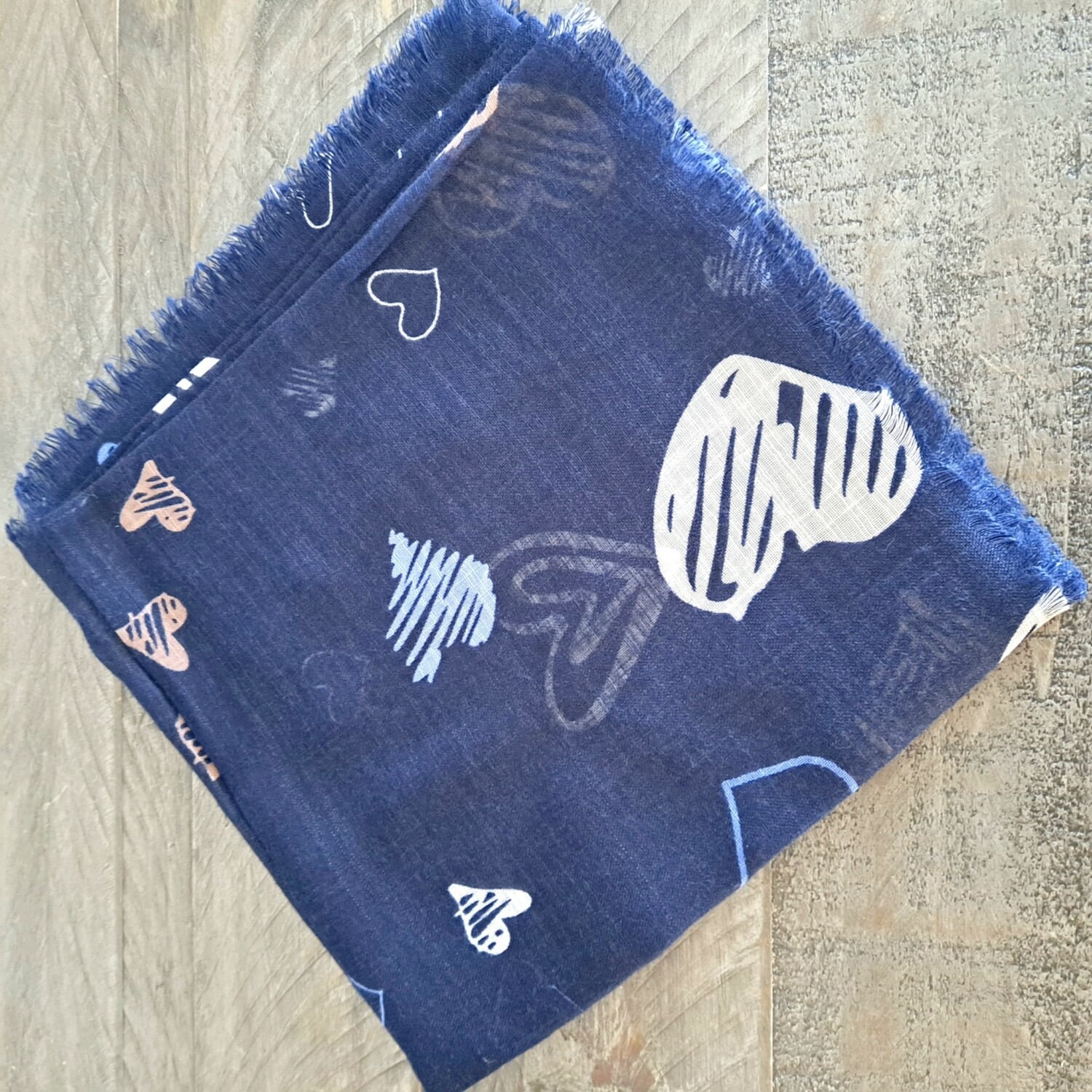 Navy/multicolored w/blue  hearts - soft fringes tichel