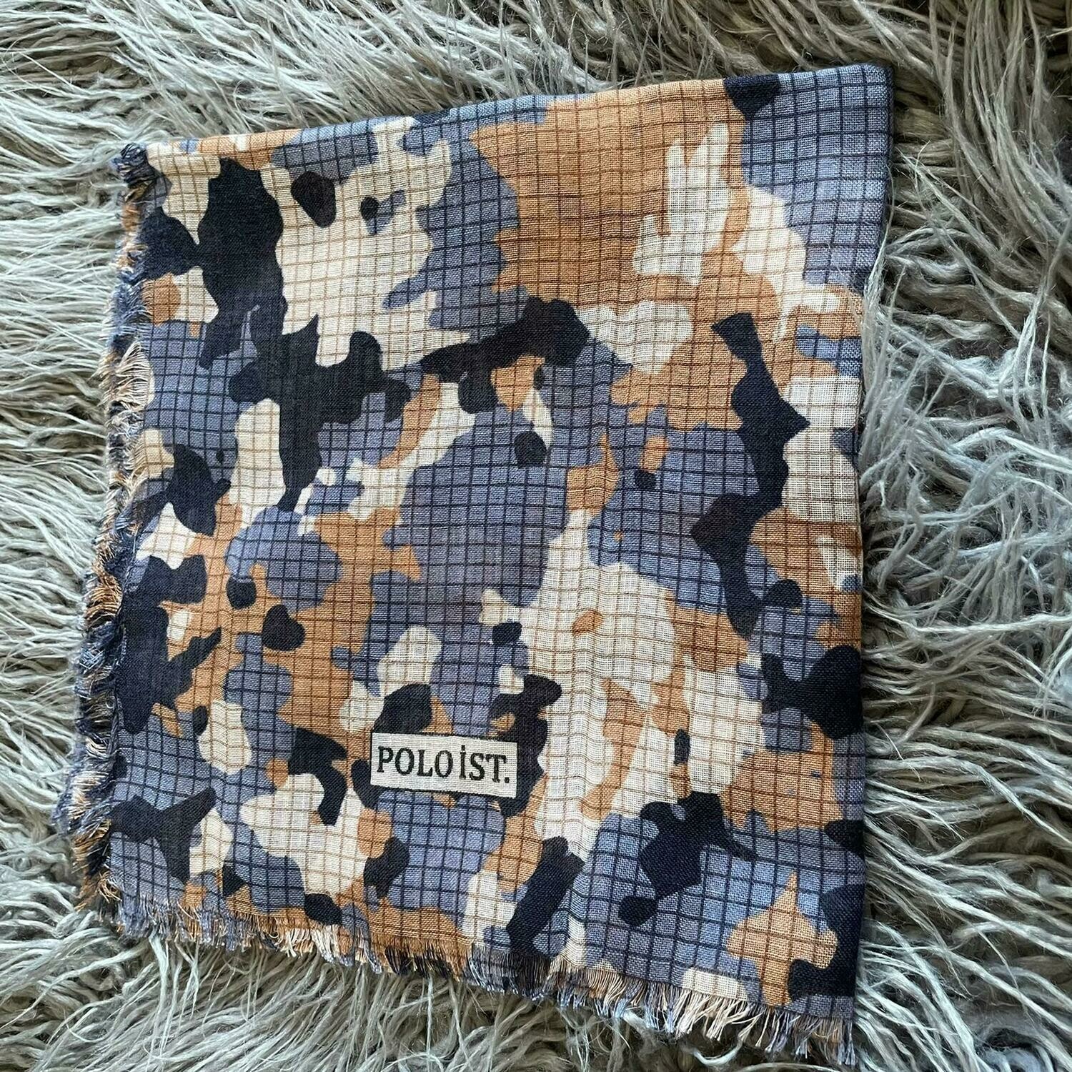 Slate blue/tan patterned - soft fringes tichel