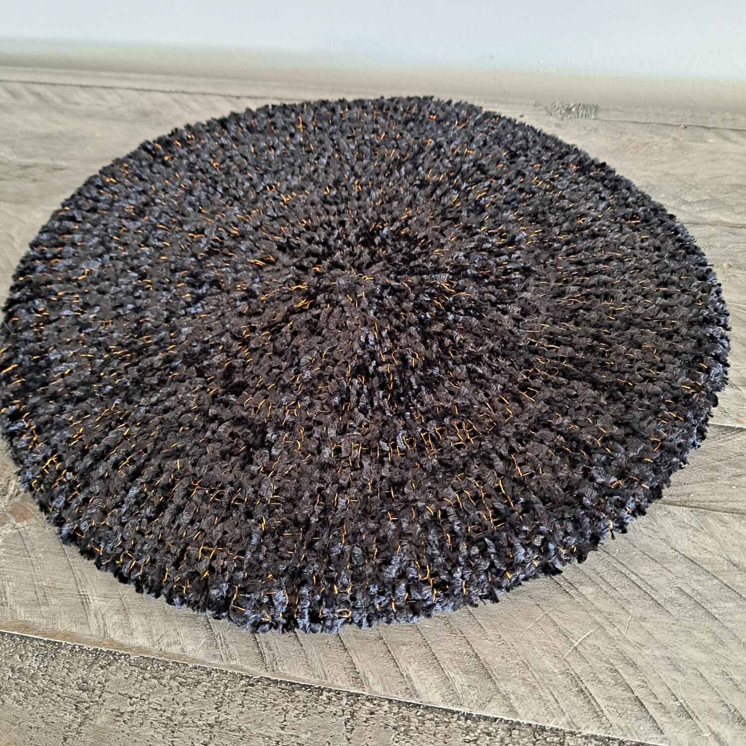 Black lined chenille snood w/copper lurex threads
