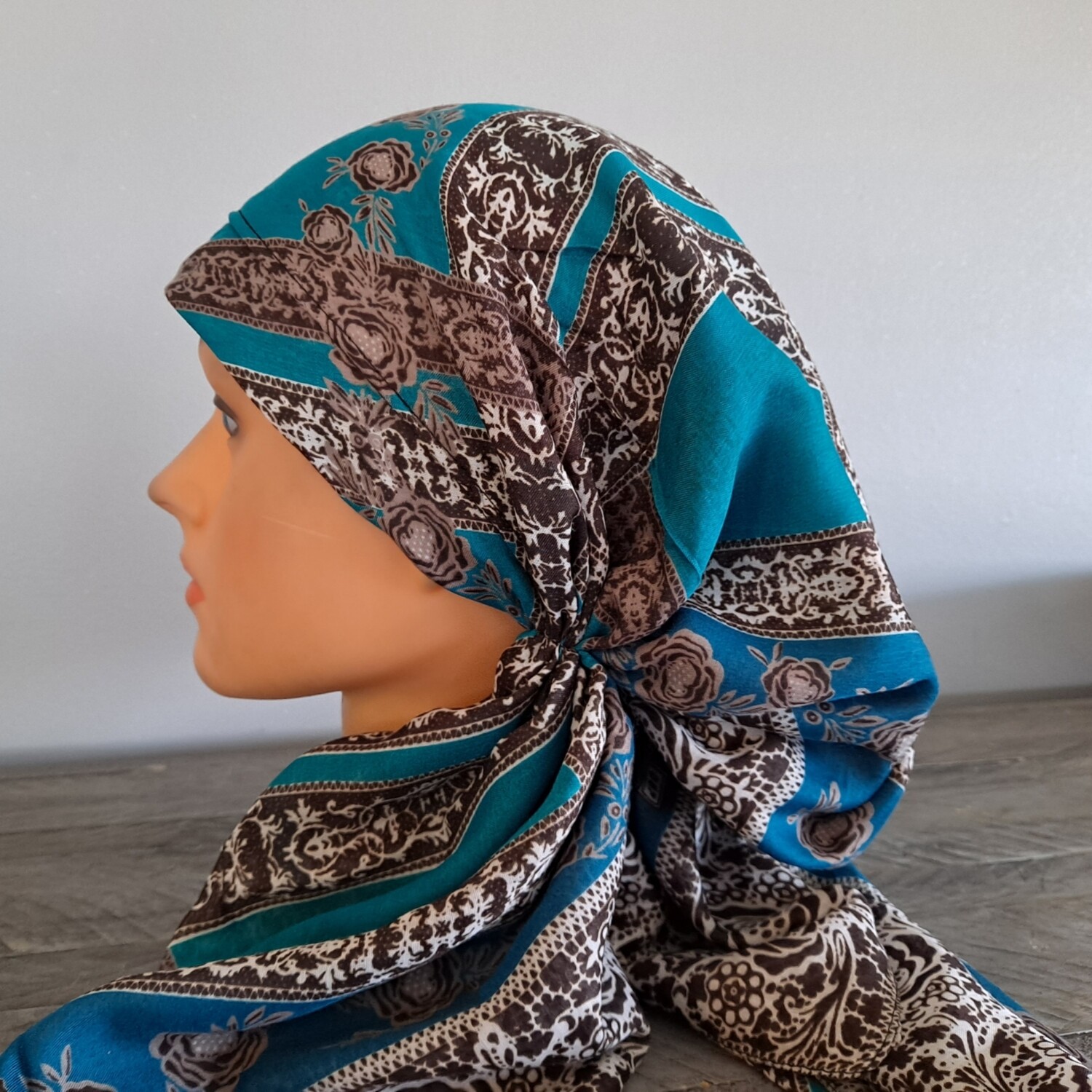 Shades of blue pretied Turkish Tichel w/band sewn in