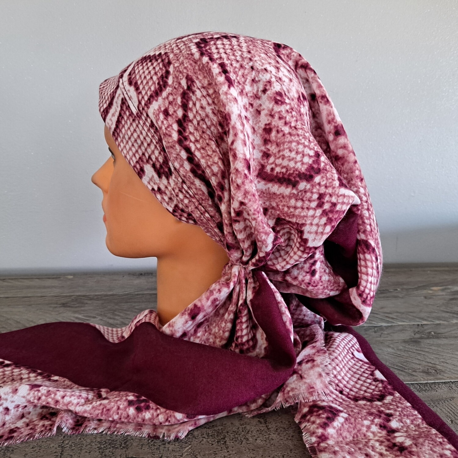 Maroon soft fringed pretied Turkish Tichel w/band sewn in