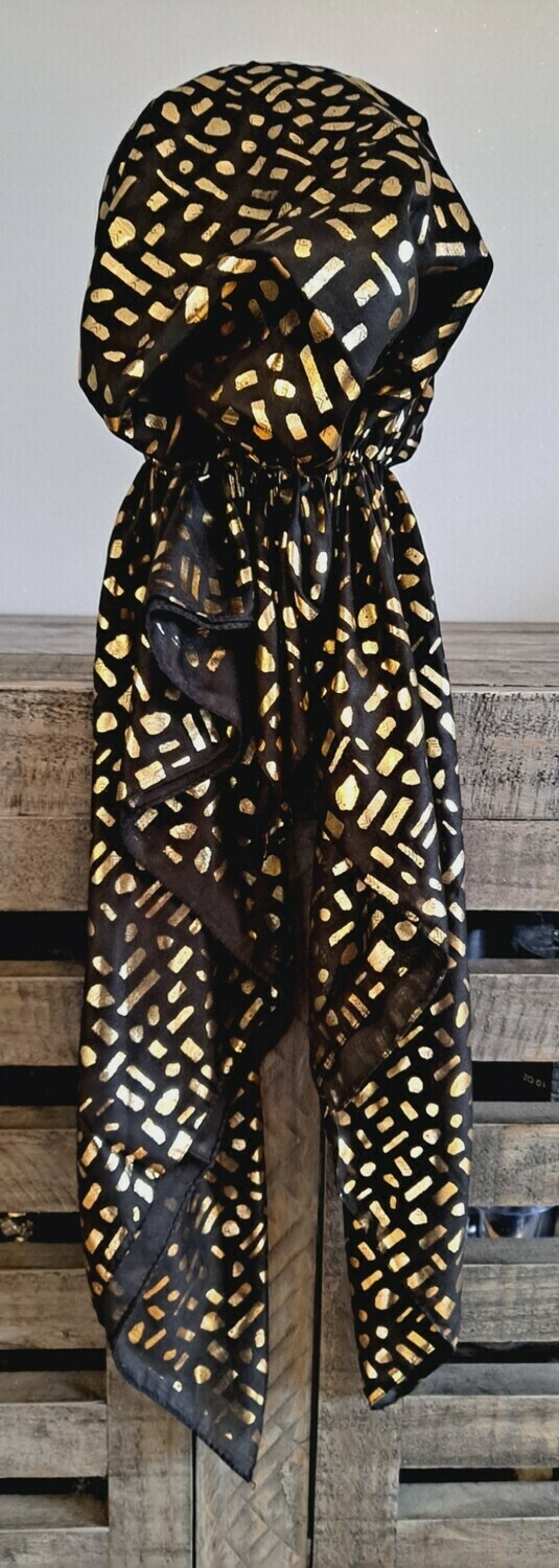 Black/gold shapes metallic patterned pretied tichel